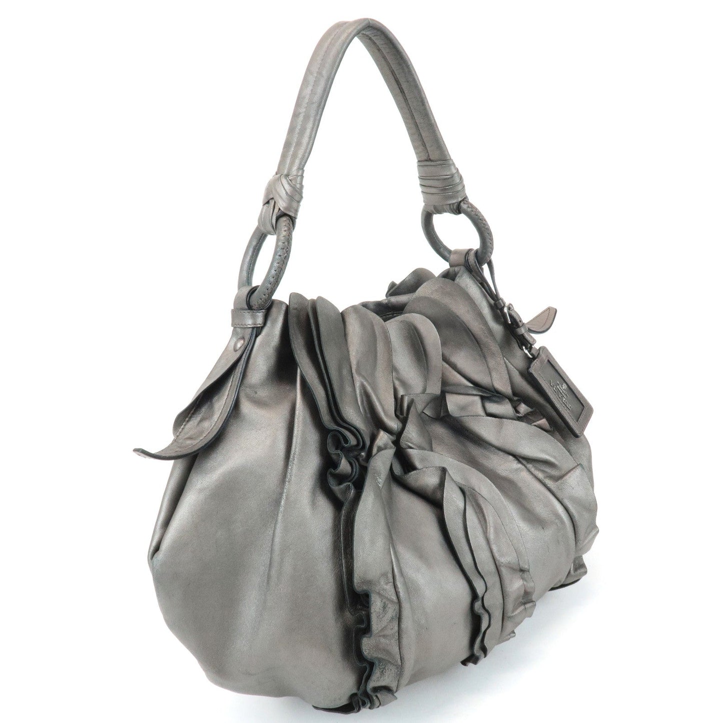 PRADA Leather Gathered 2WAY Shoulder Bag Hand Bag Silver Gray  d