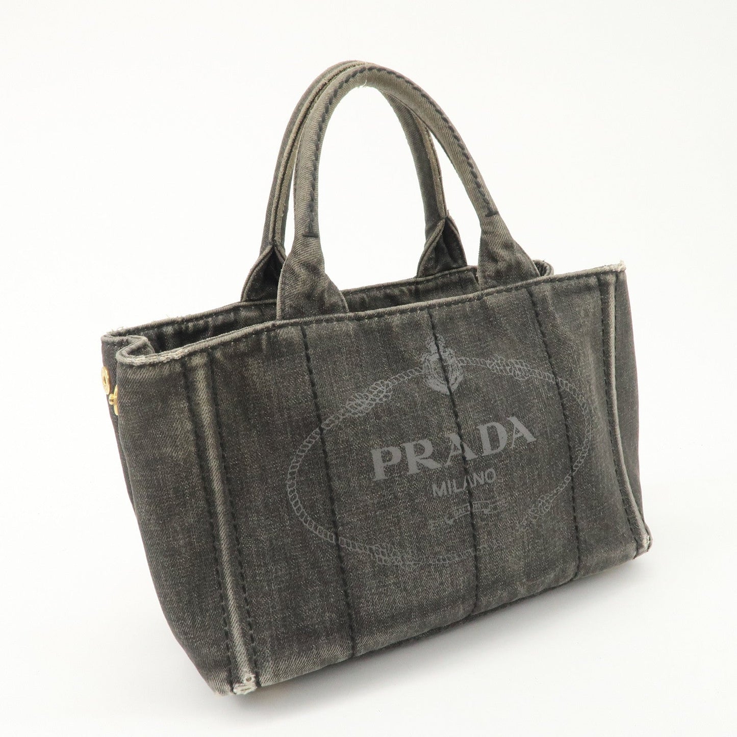 PRADA Canapa Mini Denim Hand Bag Tote Bag Black 1BG439  d