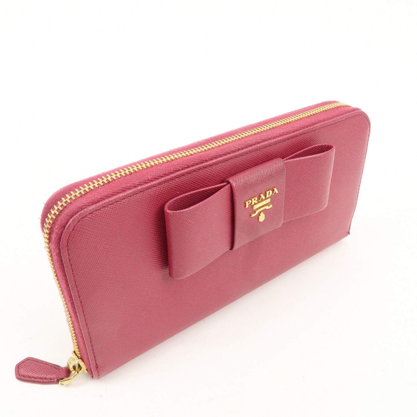 PRADA Logo Saffiano Leather Round Zipper Long Wallet Pink 1M0506  d