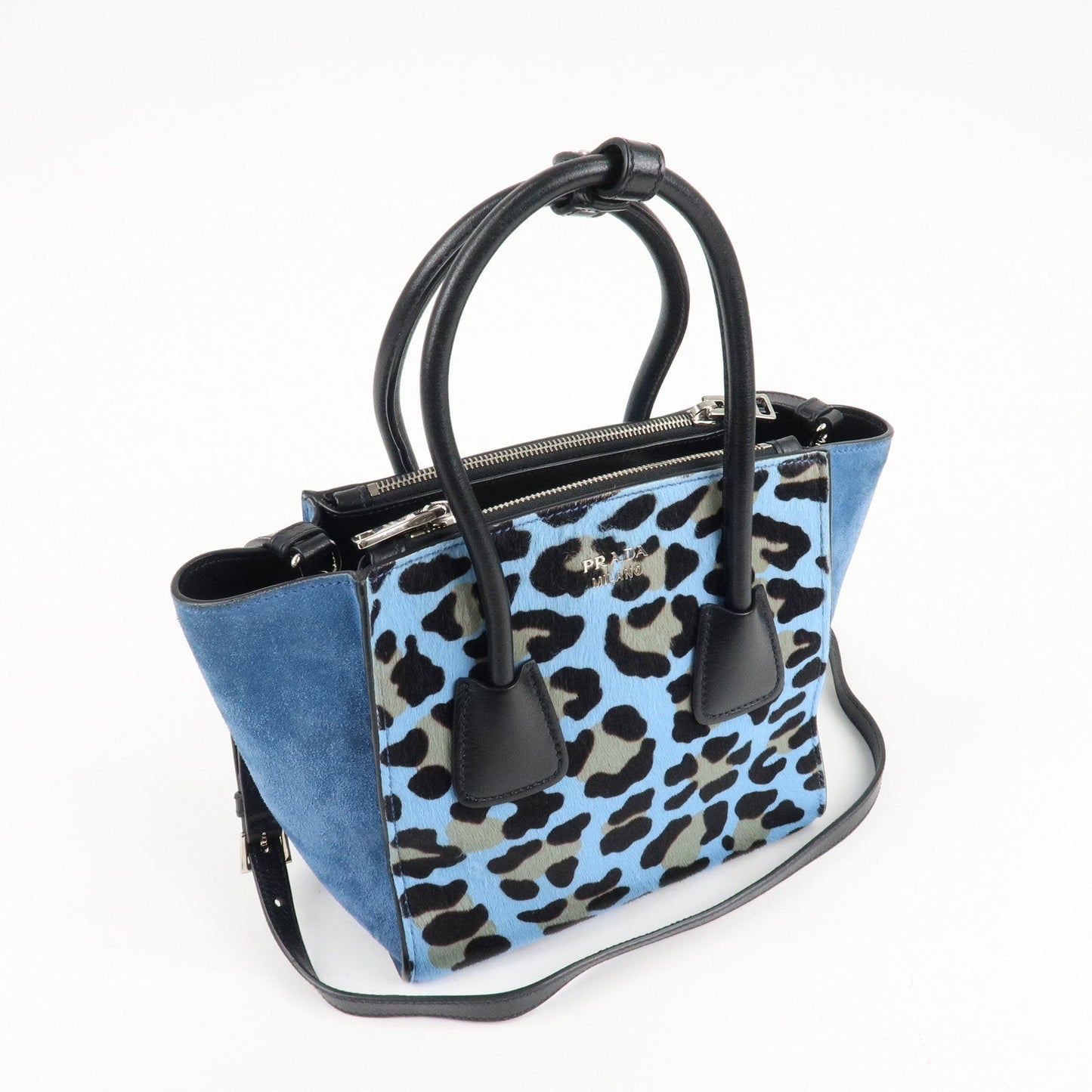 PRADA Unborn Calf Suede Leather 2Way Hand Bag Blue Black 1BA025  d