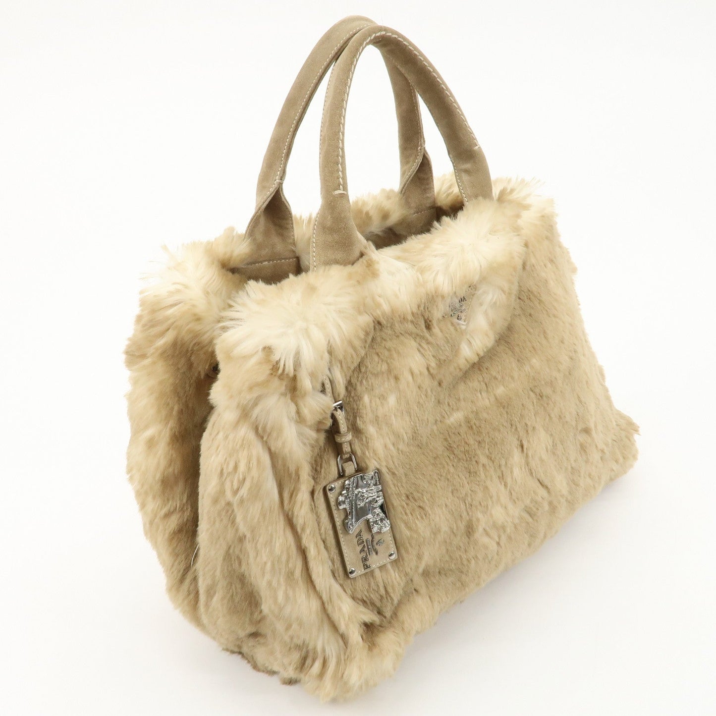 PRADA Eco Lapin Fur Suede Canapa Large Tote Bag Beige BN1918  d