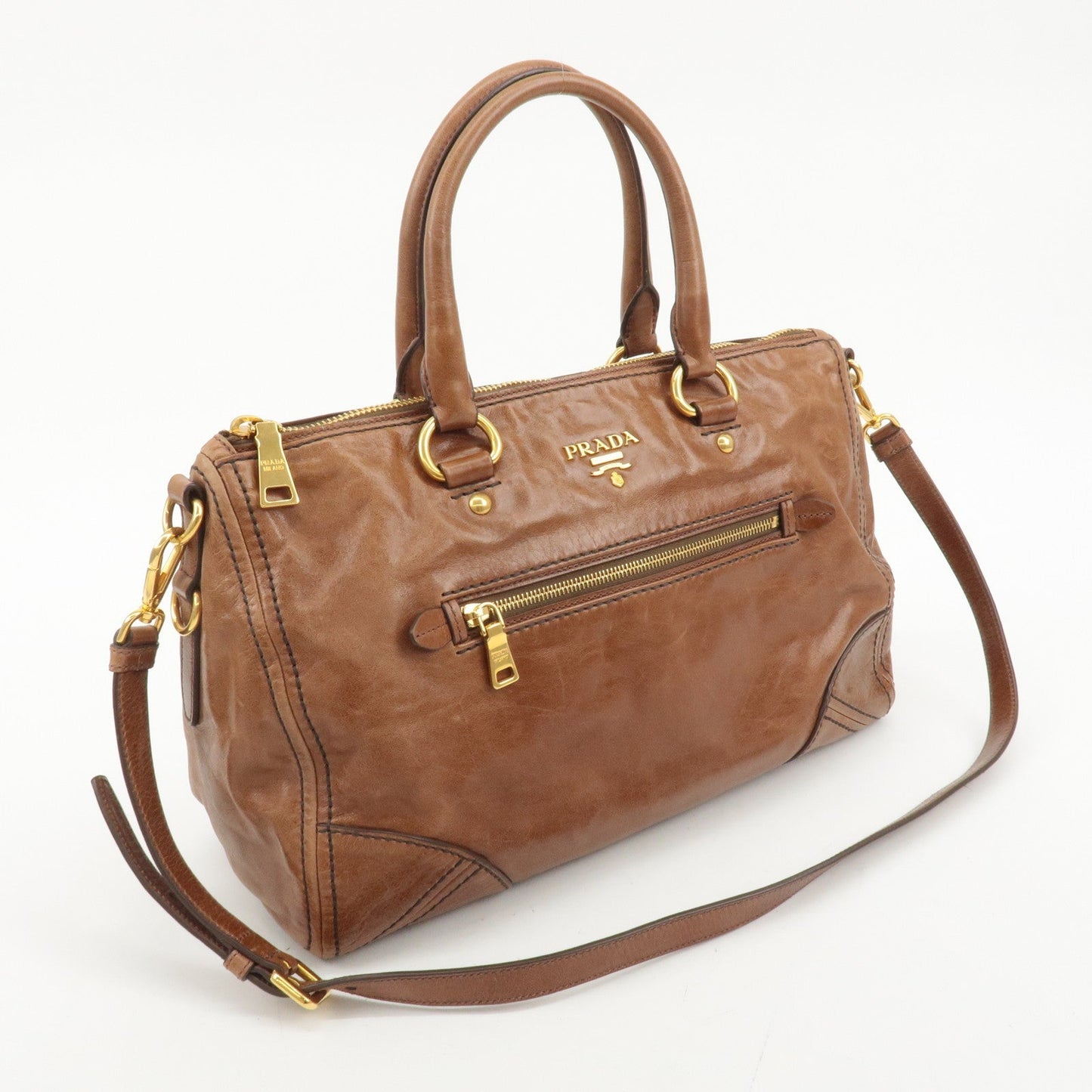 PRADA Logo Leather 2way Hand Bag Shoulder Bag Brown BL0727  d