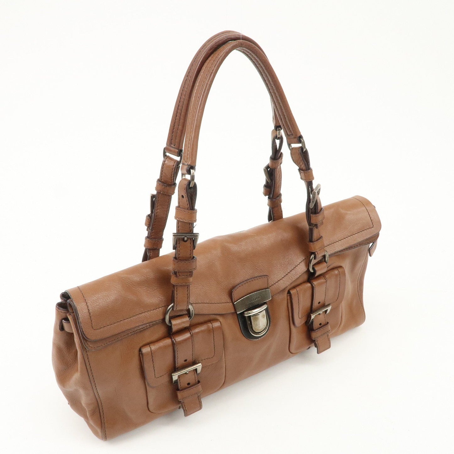 PRADA Logo Leather Shoulder Bag Hand Bag Brown Silver Hardware  d