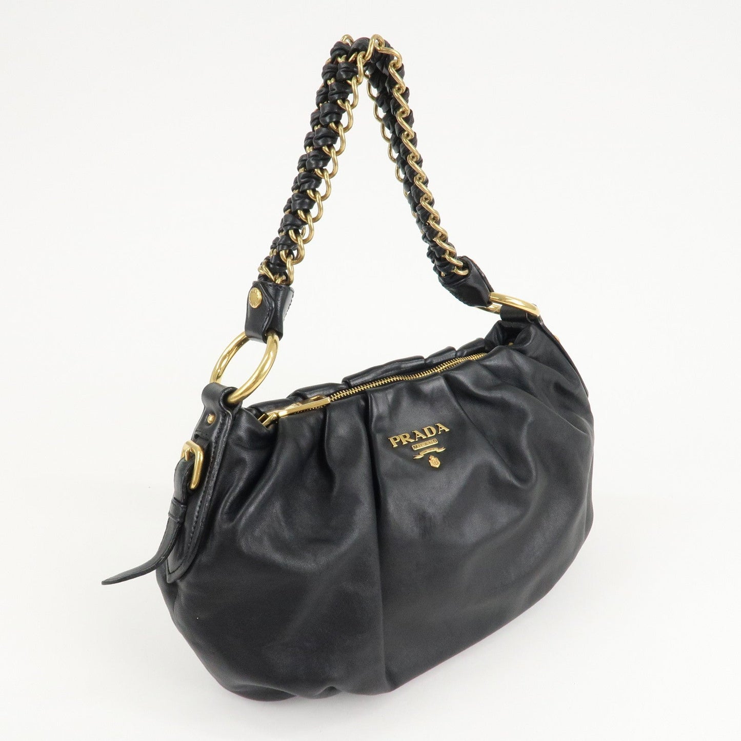 PRADA Leather Chain One-Shoulder Bag Black Gold Hardware  d