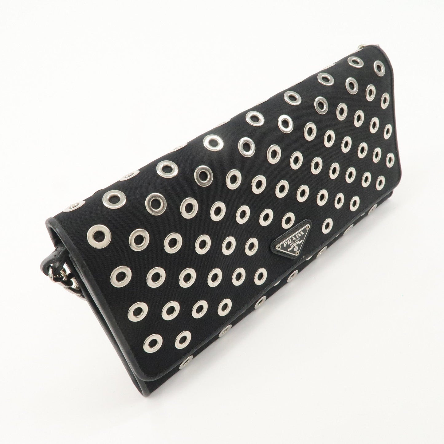 PRADA Grommet Nylon Leather Chain Long Wallet Black Silver HDW  d