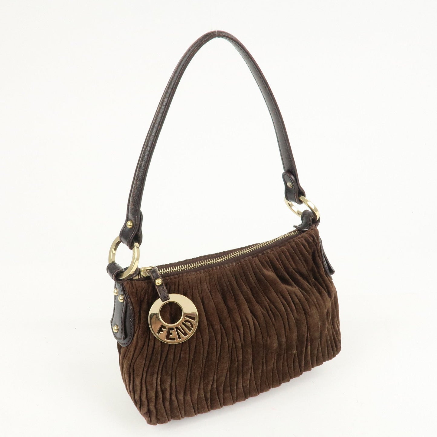 FENDI Suede Leather Gathered Shoulder Bag Dark Brown 8BR454  d