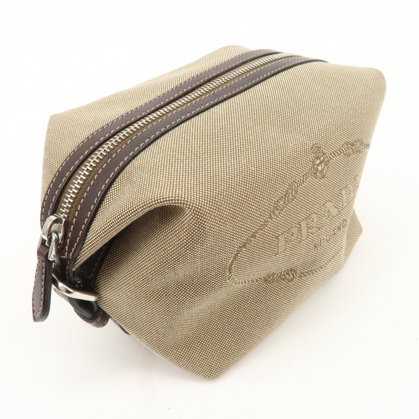 PRADA Logo Jacquard Leather Pouch Beige Brown 1N1298  d