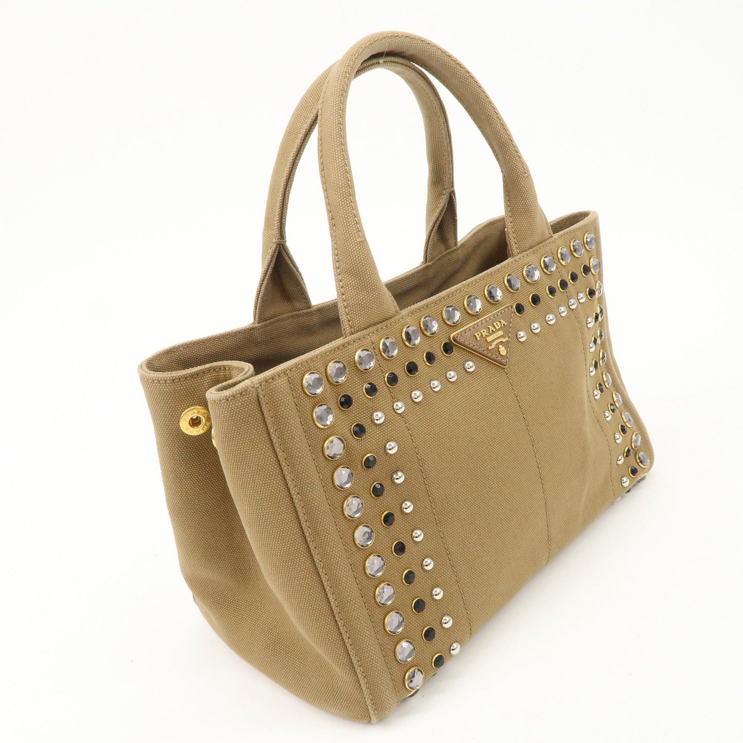 PRADA Logo Canapa Canvas Bijou Studs 2Way Hand Tote Bag Brown  d