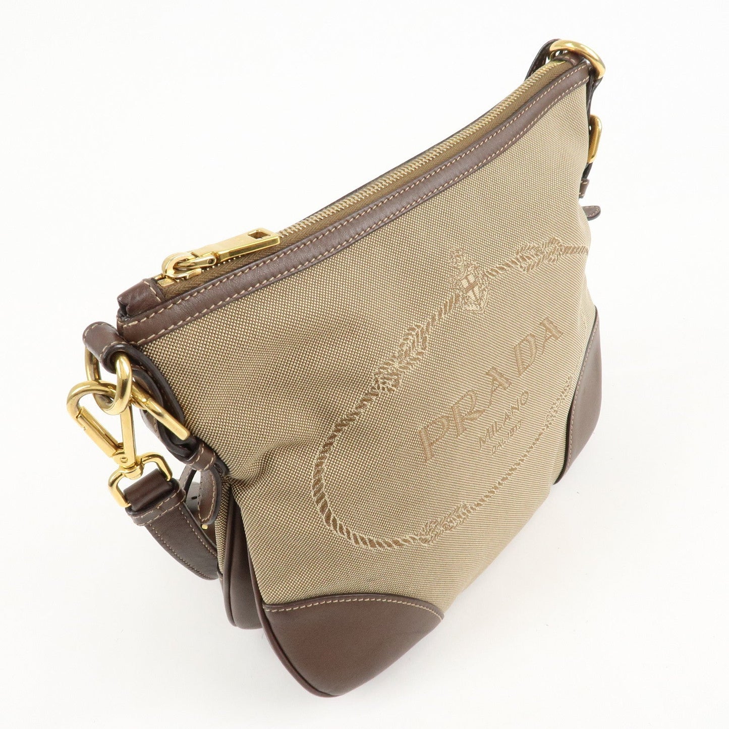 PRADA Jacquard Leather Shoulder Crossbody Bag Beige Brown BT867A  d