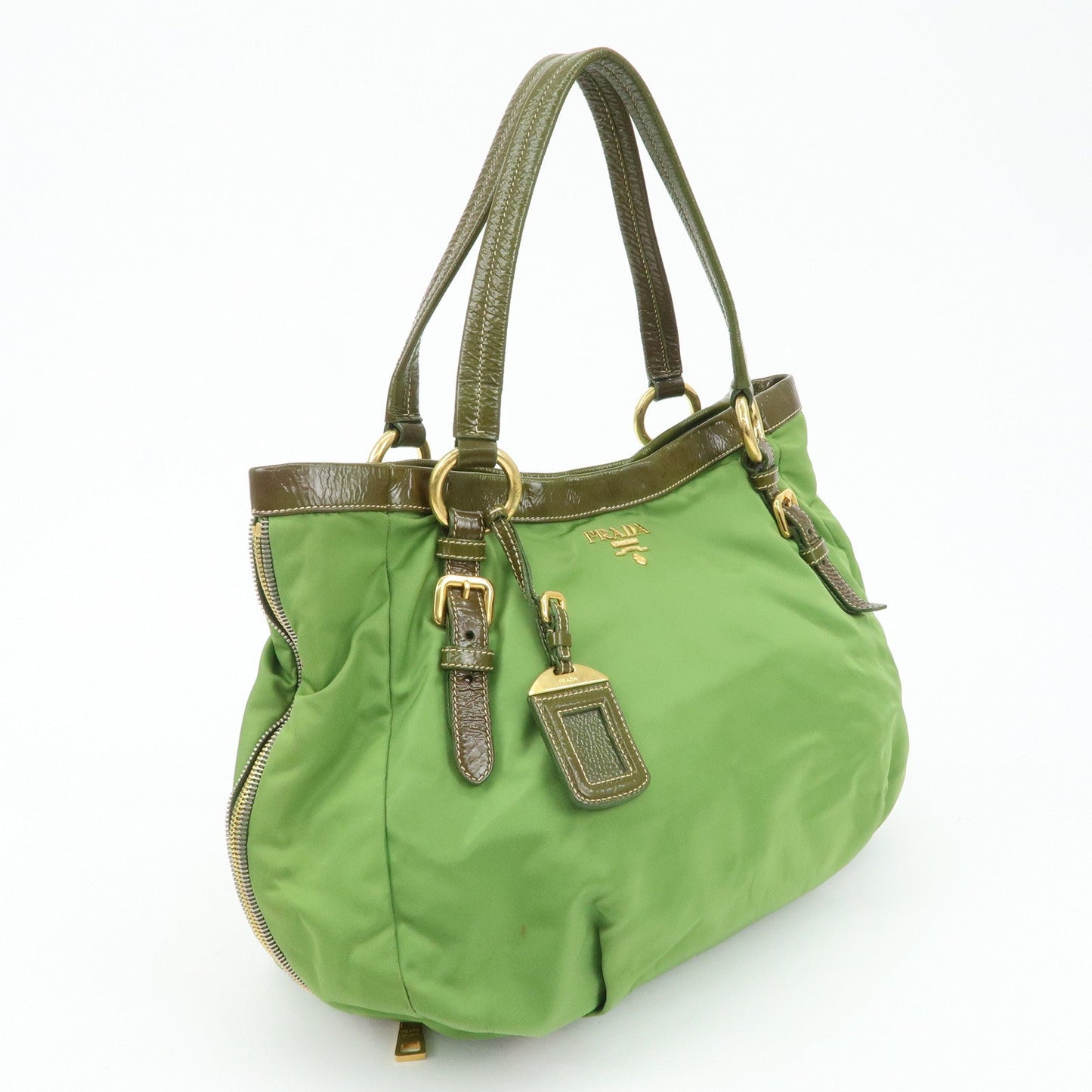 PRADA Nylon Patent Leather Tote Bag Shoulder Bag Green Khaki  d