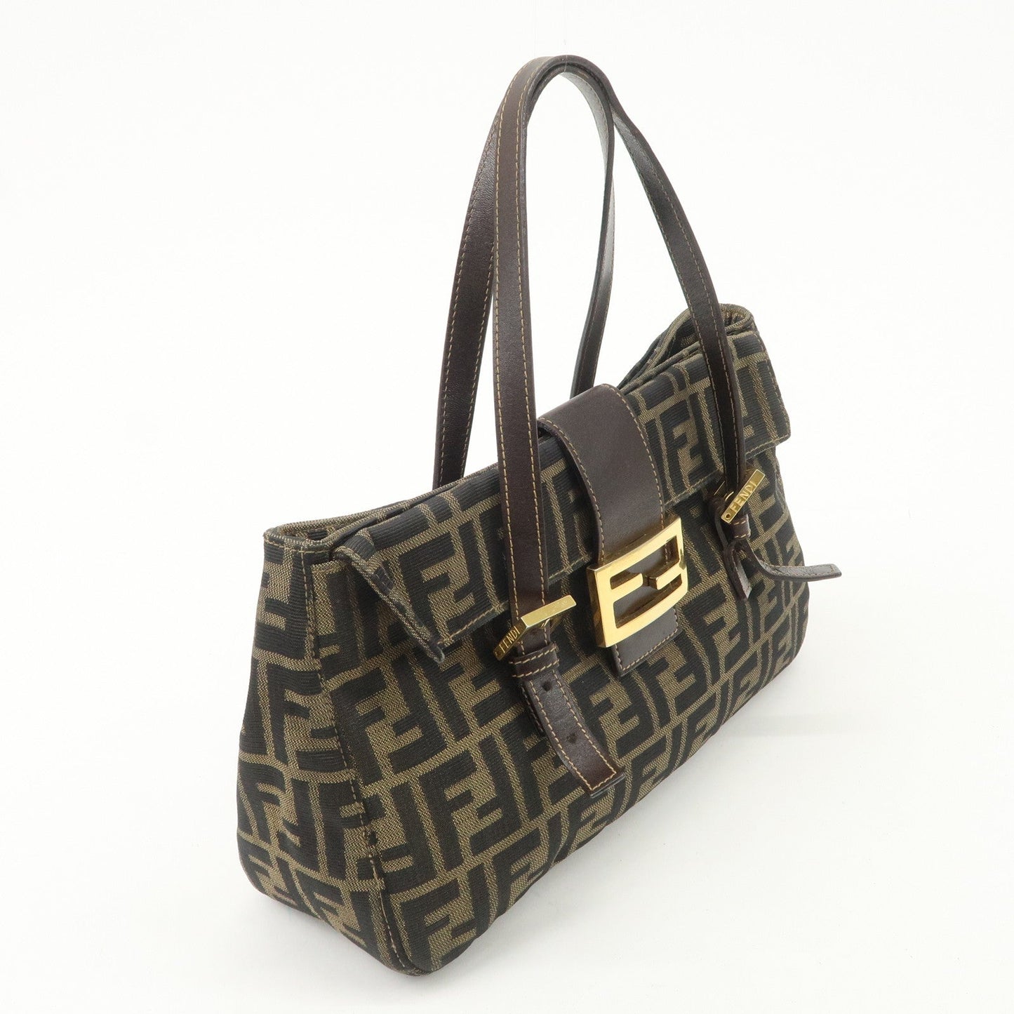 FENDI Zucca Canvas Leather Hand Bag Brown Black Gold Hardware  d