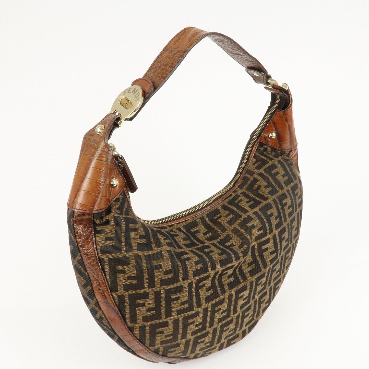 FENDI Zucca Canvas Embossed Leather Shoulder Bag Brown 8BR593  d