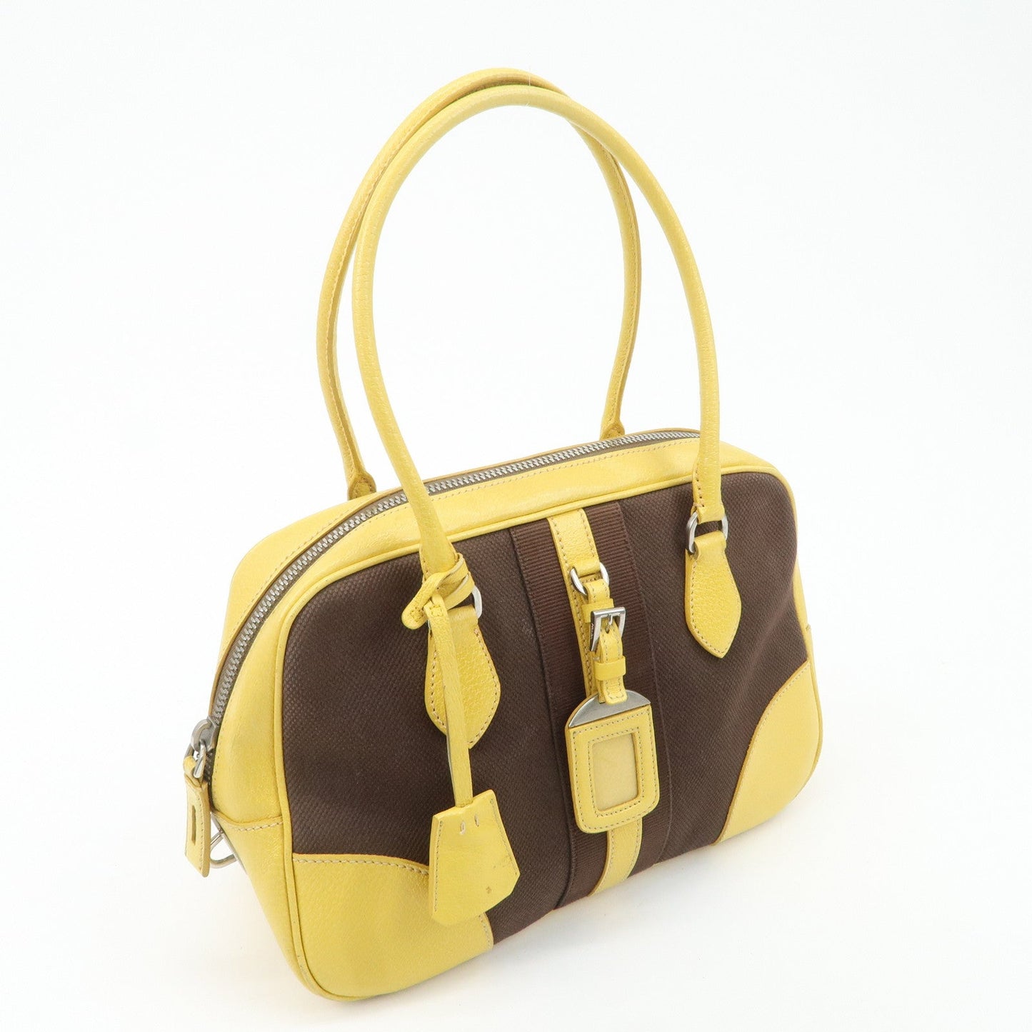 PRADA Canvas Leather Shoulder Bag Hand Bag Brown Yellow  d