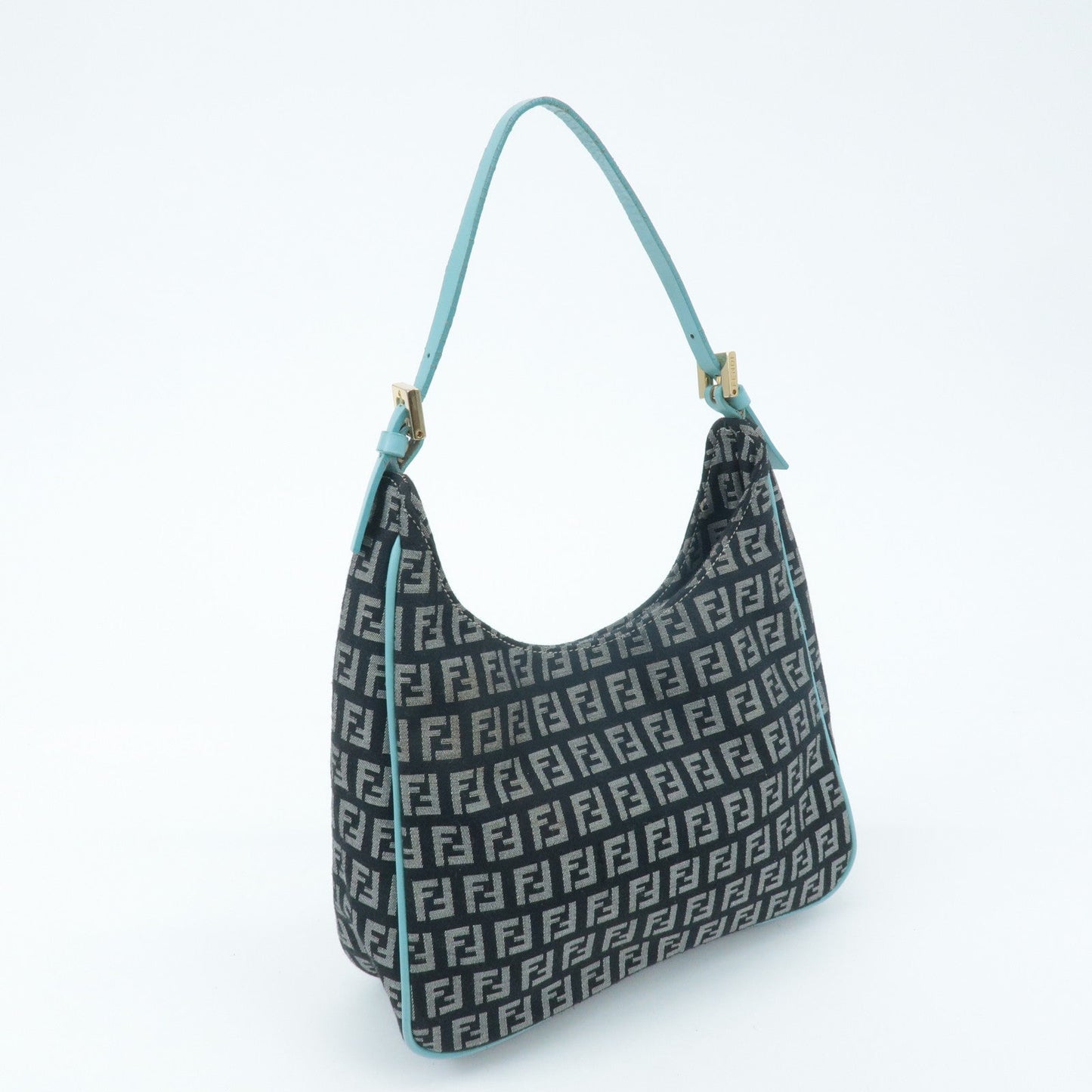 FENDI Zucchino Canvas Leather Shoulder Bag Black White Blue 8BR158  d
