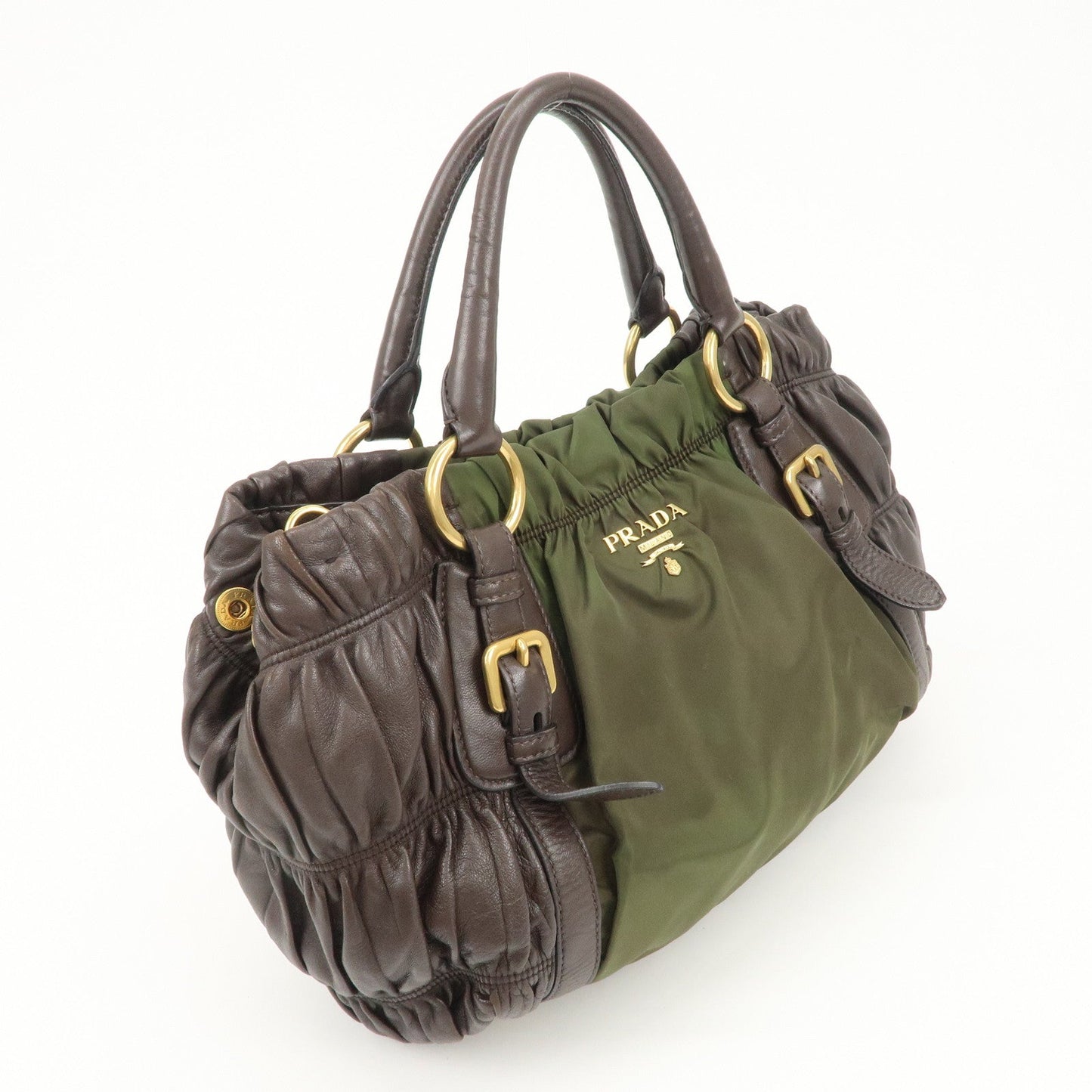 PRADA Nylon Leather Gathered Hand Bag Green Brown BN1793  d