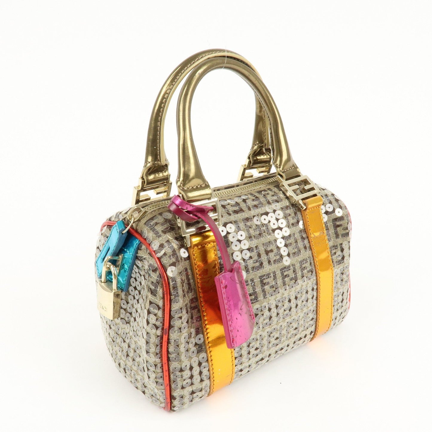 FENDI Zucchino Flip Sequin Canvas Patent Leather Boston Bag 8BL071  d