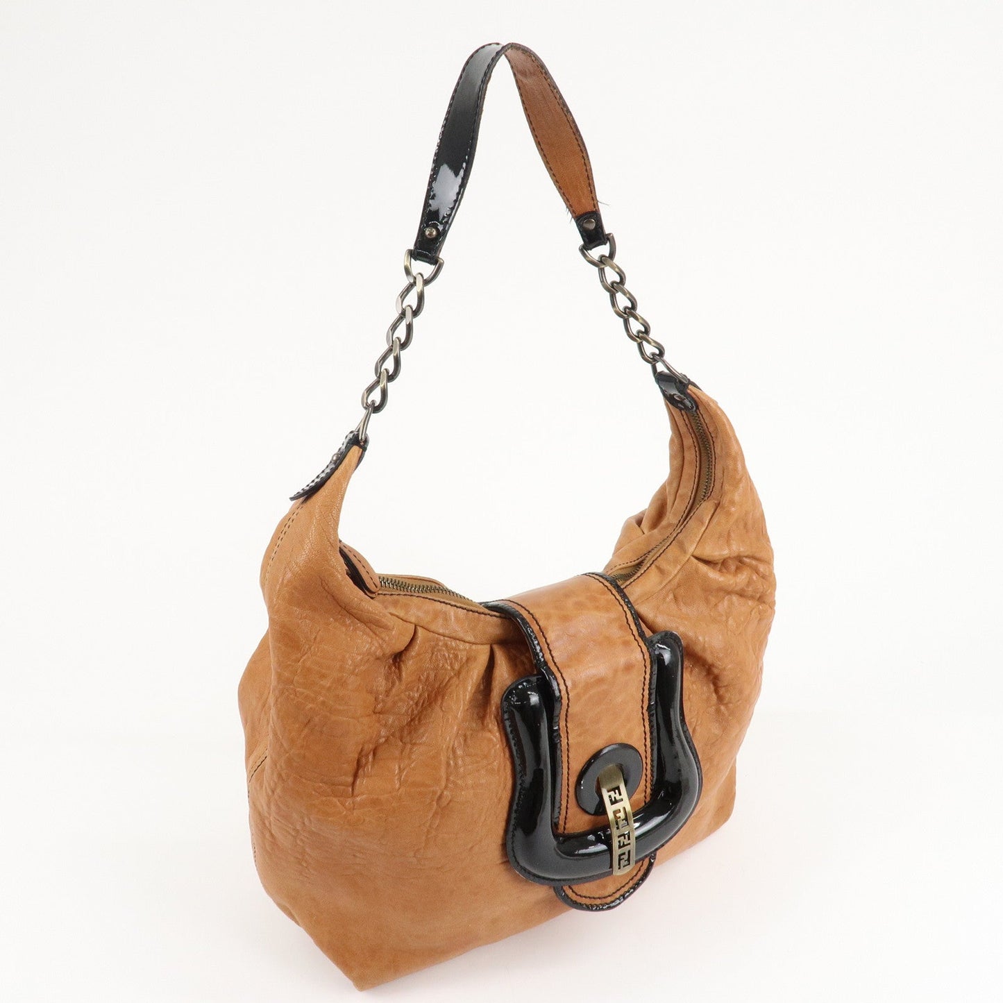 FENDI Leather Patent Leather Chain Shoulder Bag Brown 8BR563  d