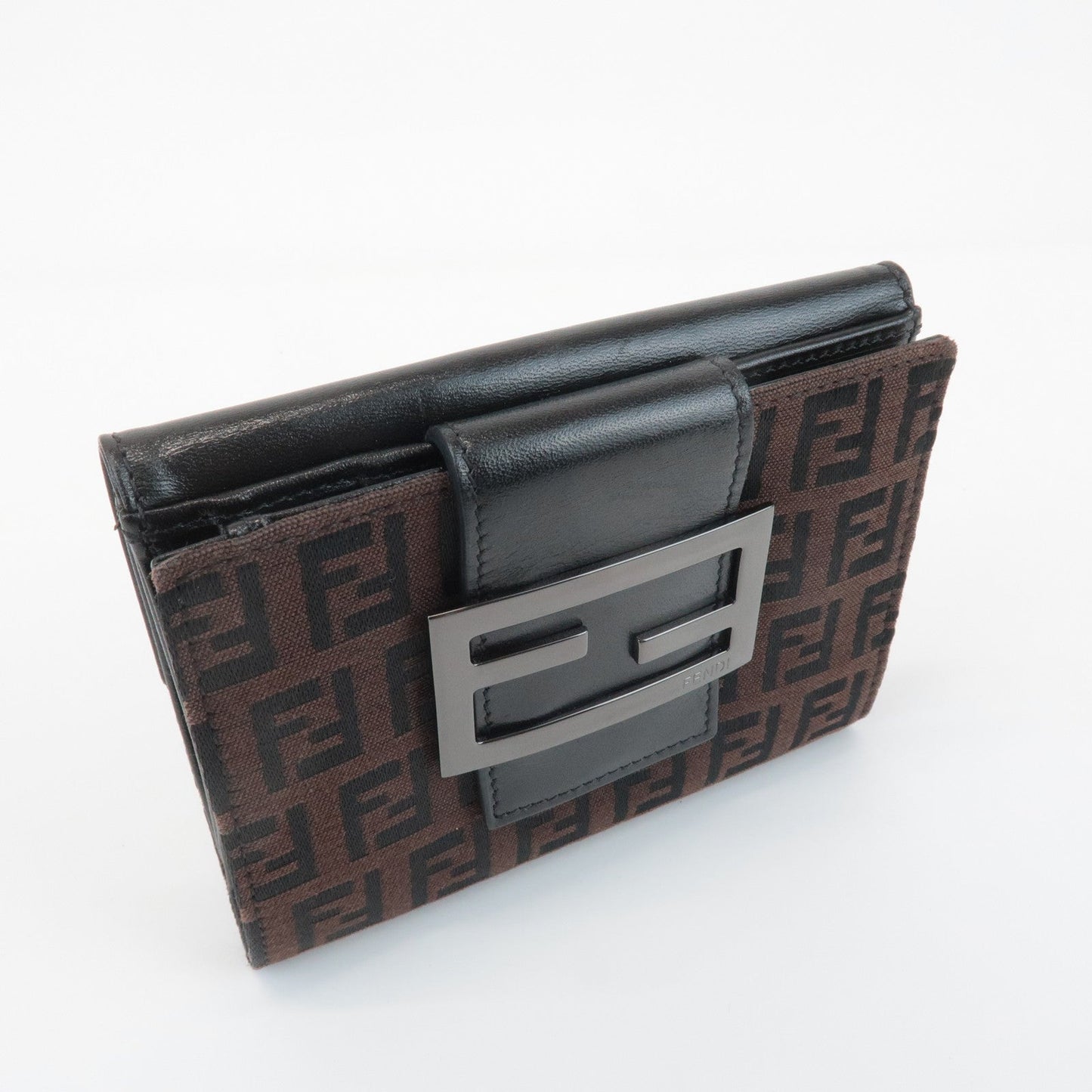 FENDI Zucca Canvas Leather Double Hook Wallet Brown Black 8M0035  d