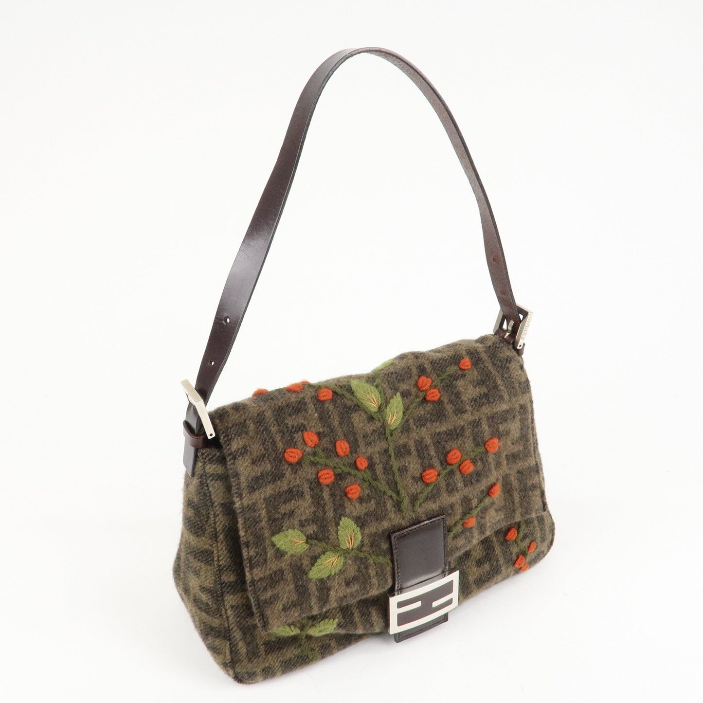 FENDI Mamma Baguette Zucca Wool Leather Shoulder Bag Flower  d
