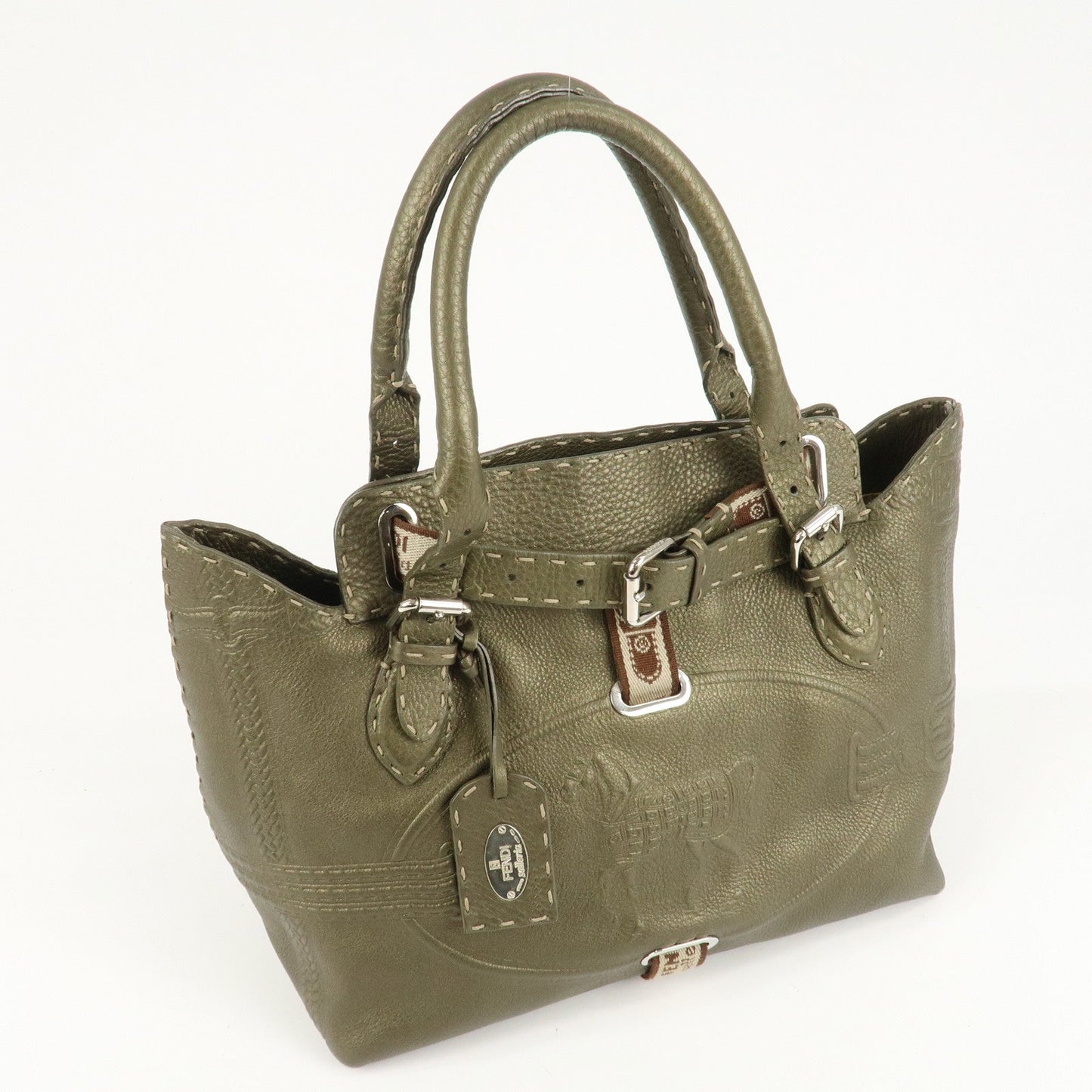 FENDI Selleria Leather Tote Bag Shoulder Bag Khaki 8BN155  d