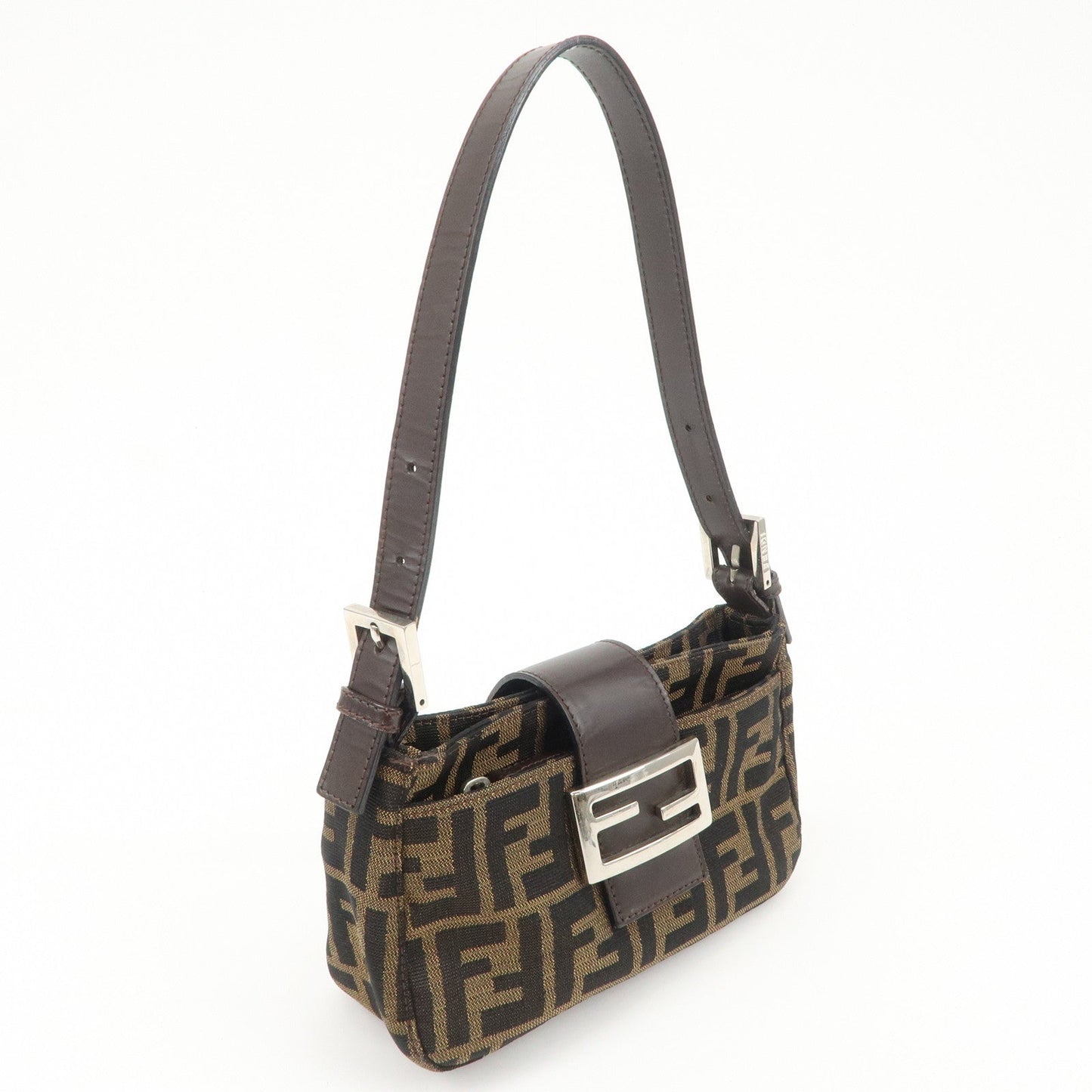 FENDI Zucca Canvas Leather Hand Bag Brown Black  d