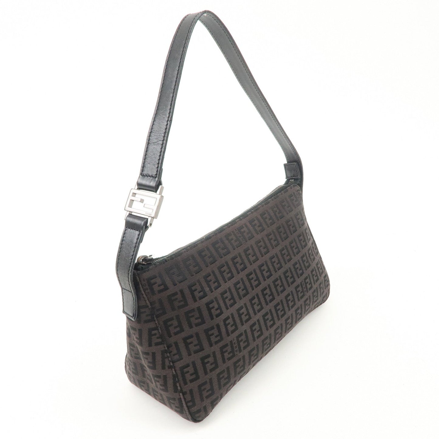 FENDI Zucchino Canvas Leather Shoulder Bag Dark Brown 8BR444  d
