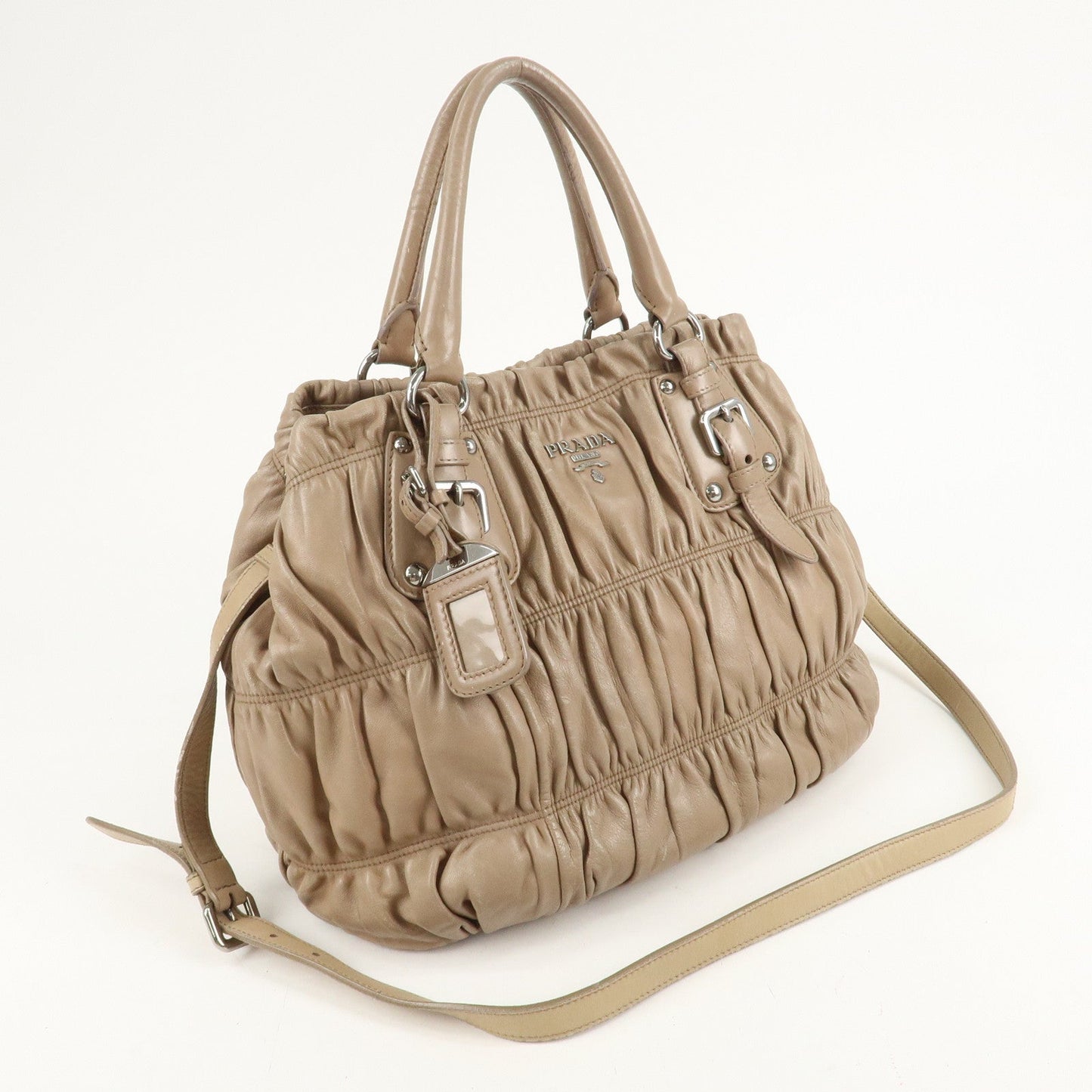PRADA Leather 2Way Hand Bag Shoulder Bag Beige N1788  d