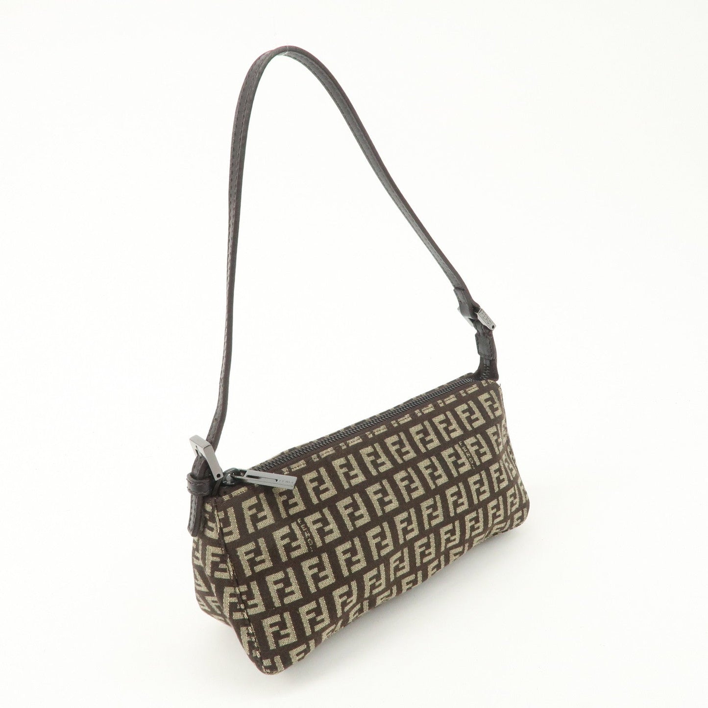 FENDI Zucchino Canvas Leather Shoulder Bag Dark Brown 8BR249  d
