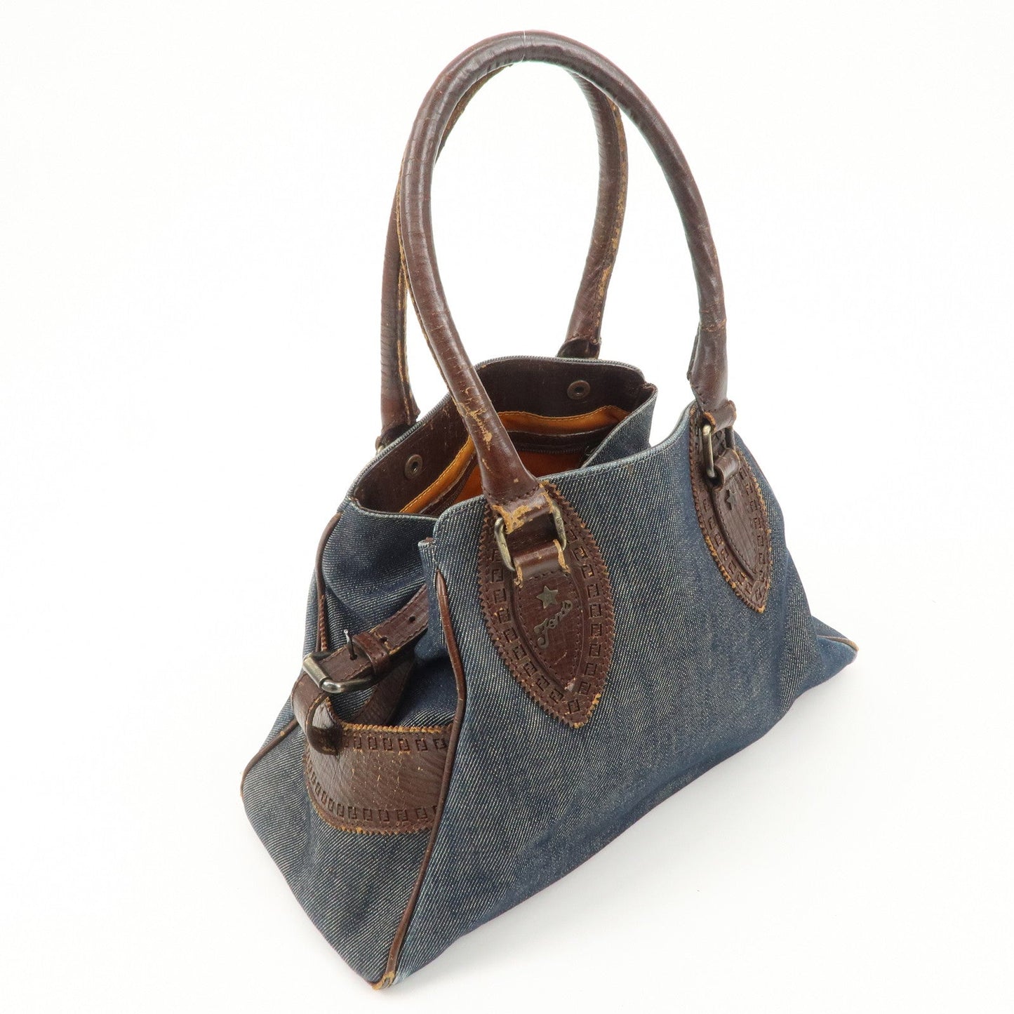 FENDI Ethnico Denim Leather Shoulder Bag Blue Brown 8BN157  d