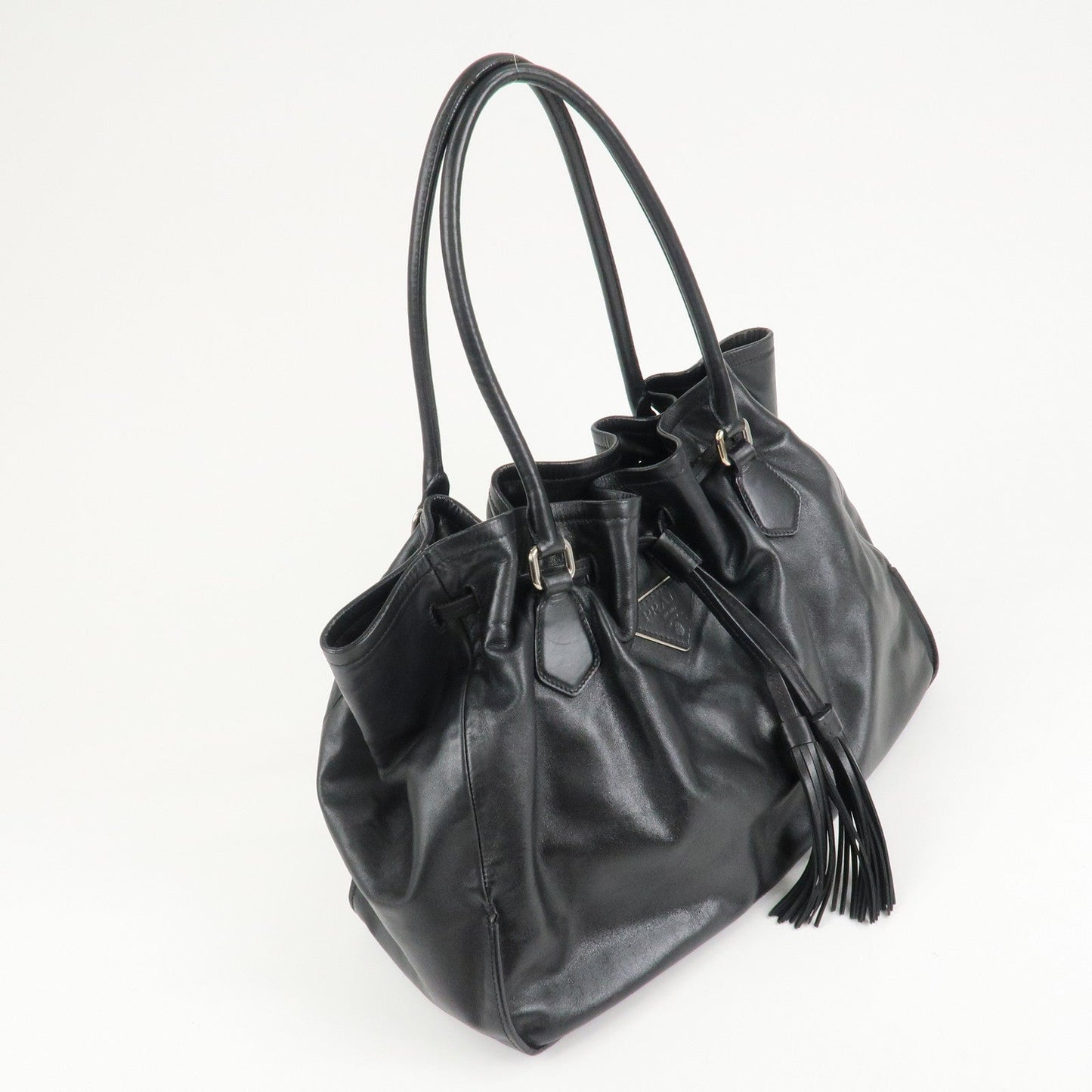 PRADA Triangle Logo Leather Tote Bag Black  d