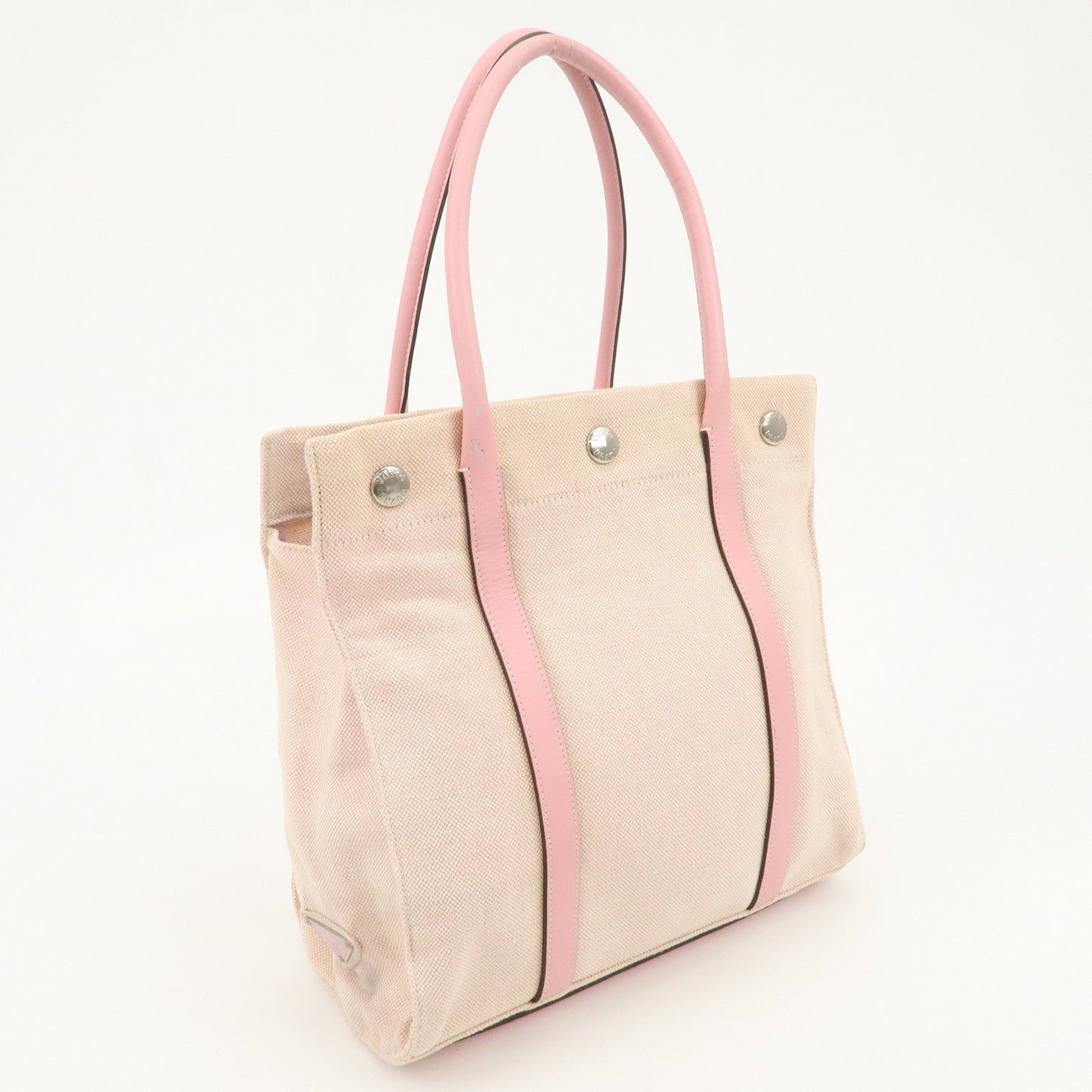 PRADA Canvas Leather Nylon Tote Bag Hand Bag Pink Silver HDW  d