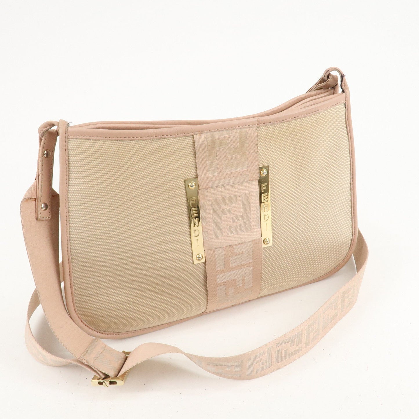 FENDI Logo Canvas Leather Shoulder Bag Beige Pink 8BT084  d