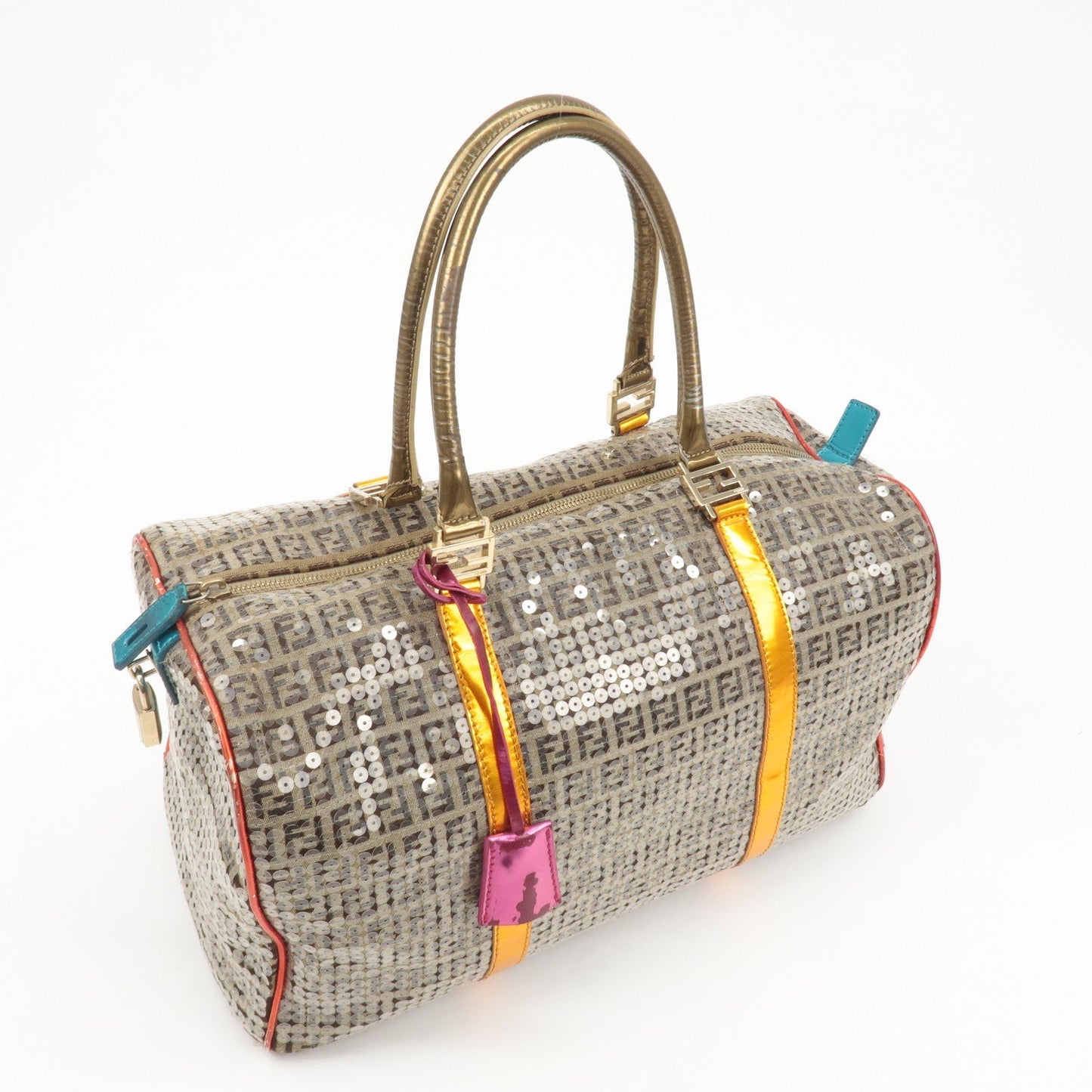 FENDI Zucchino Canvas Leather Beaded Boston Bag 8BL099  d