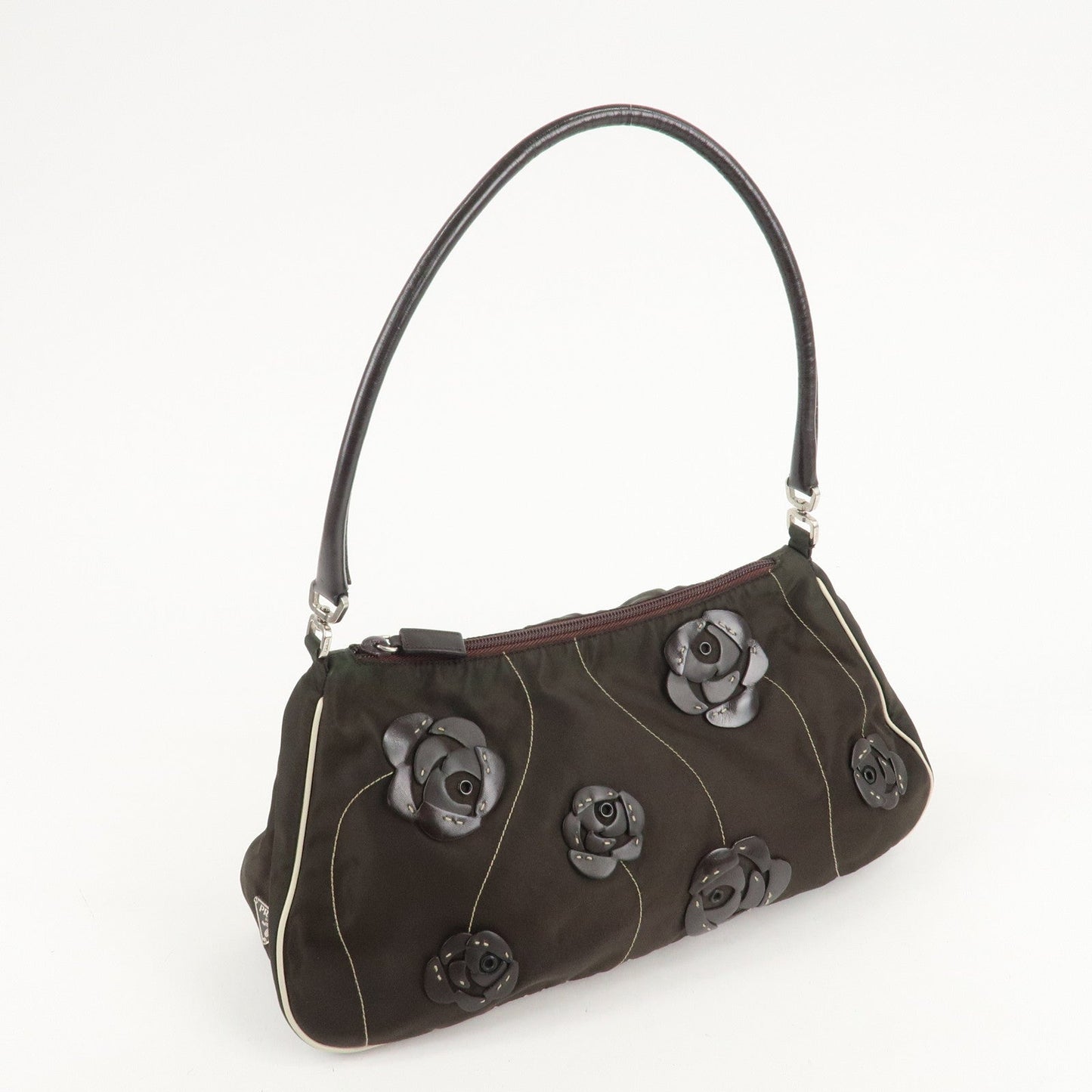 PRADA Nylon Leather Shoulder Bag Flower Motif Green Brown  d