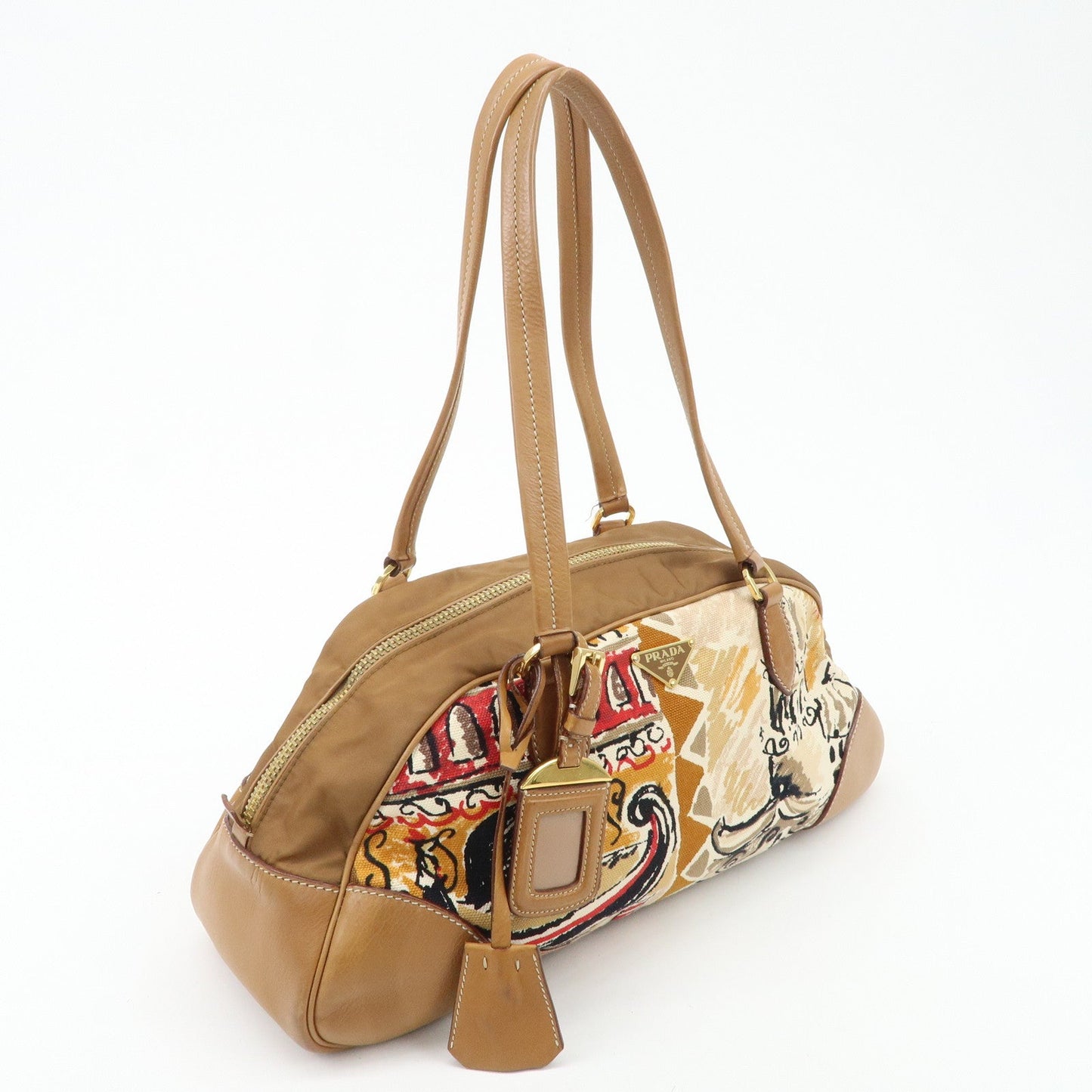 PRADA Logo Canvas Leather Nylon Shoulder Bag Boston Bag Brown  d