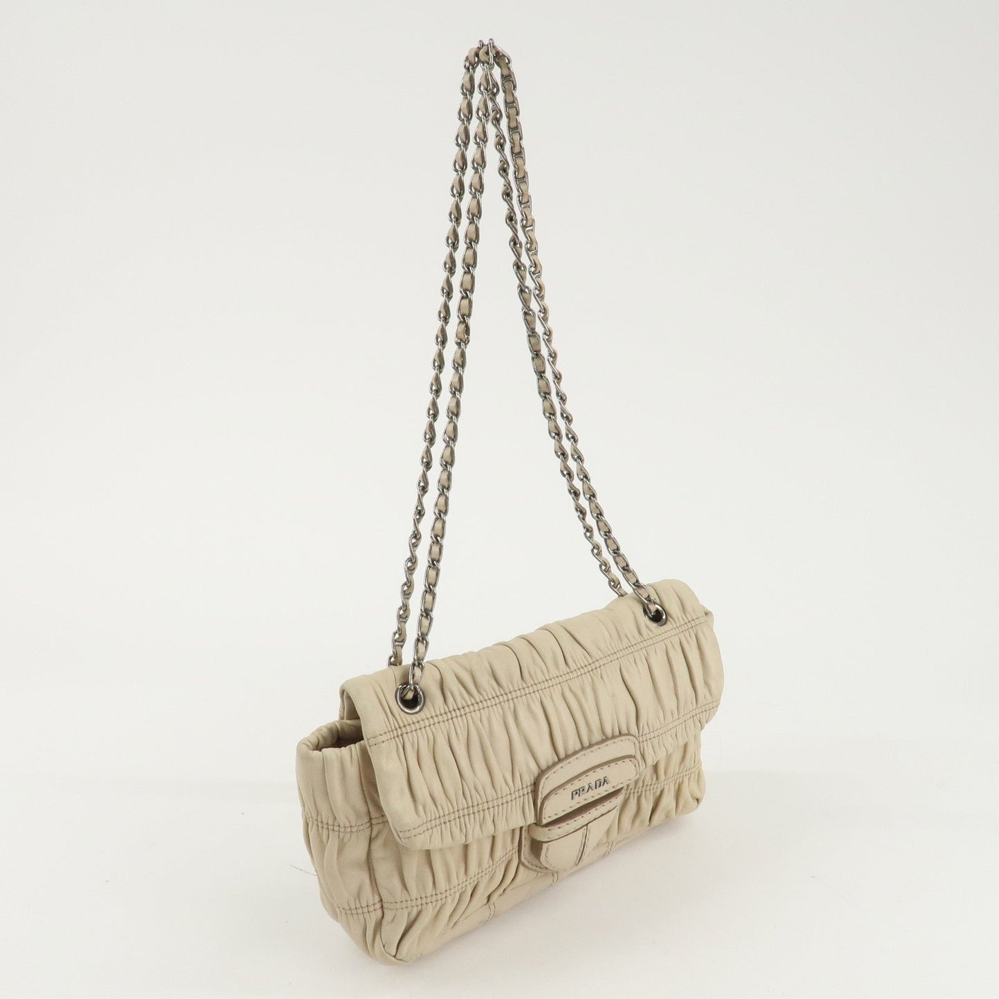 PRADA Leather Gathered Chain Shoulder Bag Ivory B4695C  d