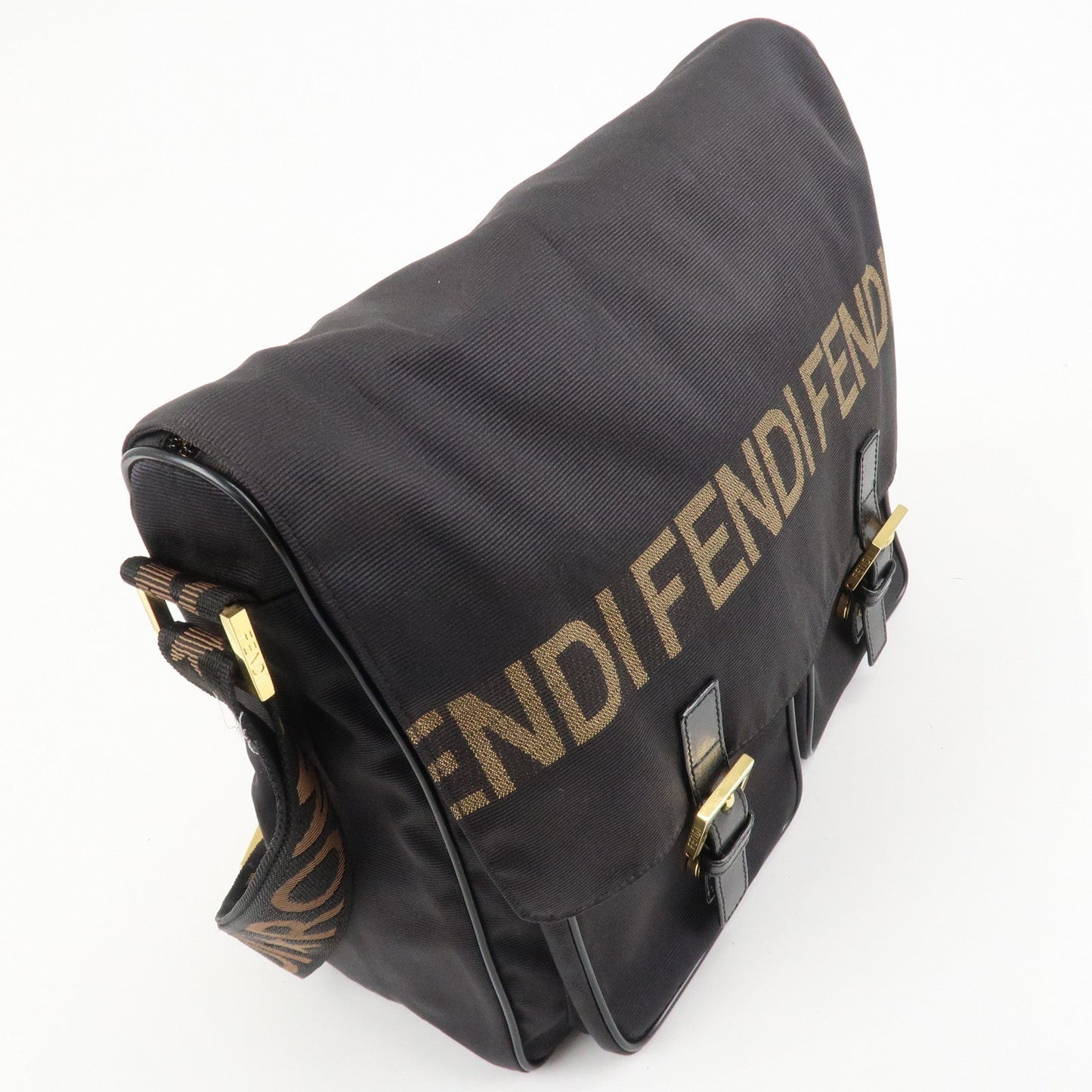FENDI Nylon Canvas Leather Shoulder Bag Hand Bag Black Brown  d