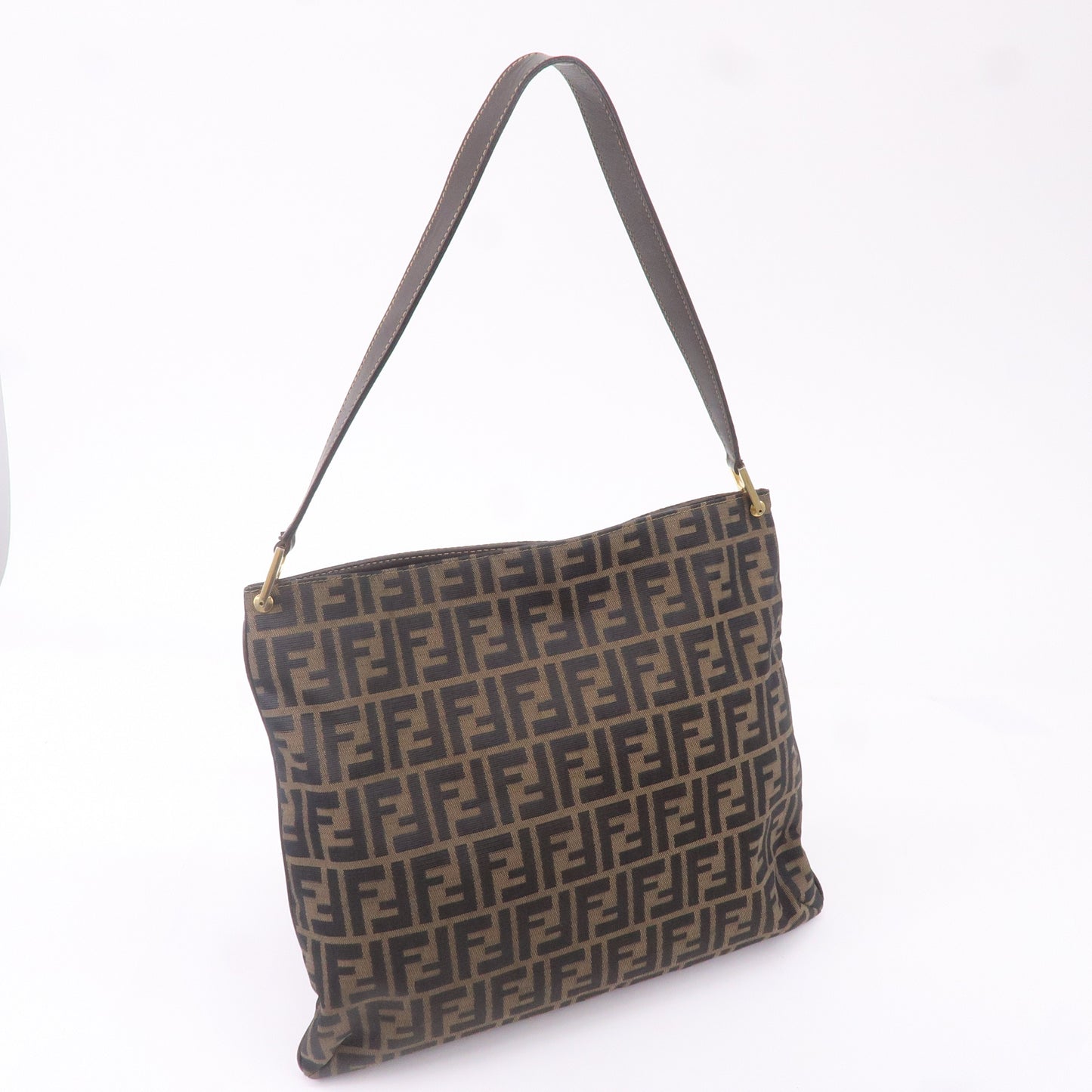 FENDI Zucca Canvas Leather Shoulder Bag Brown Black 15082