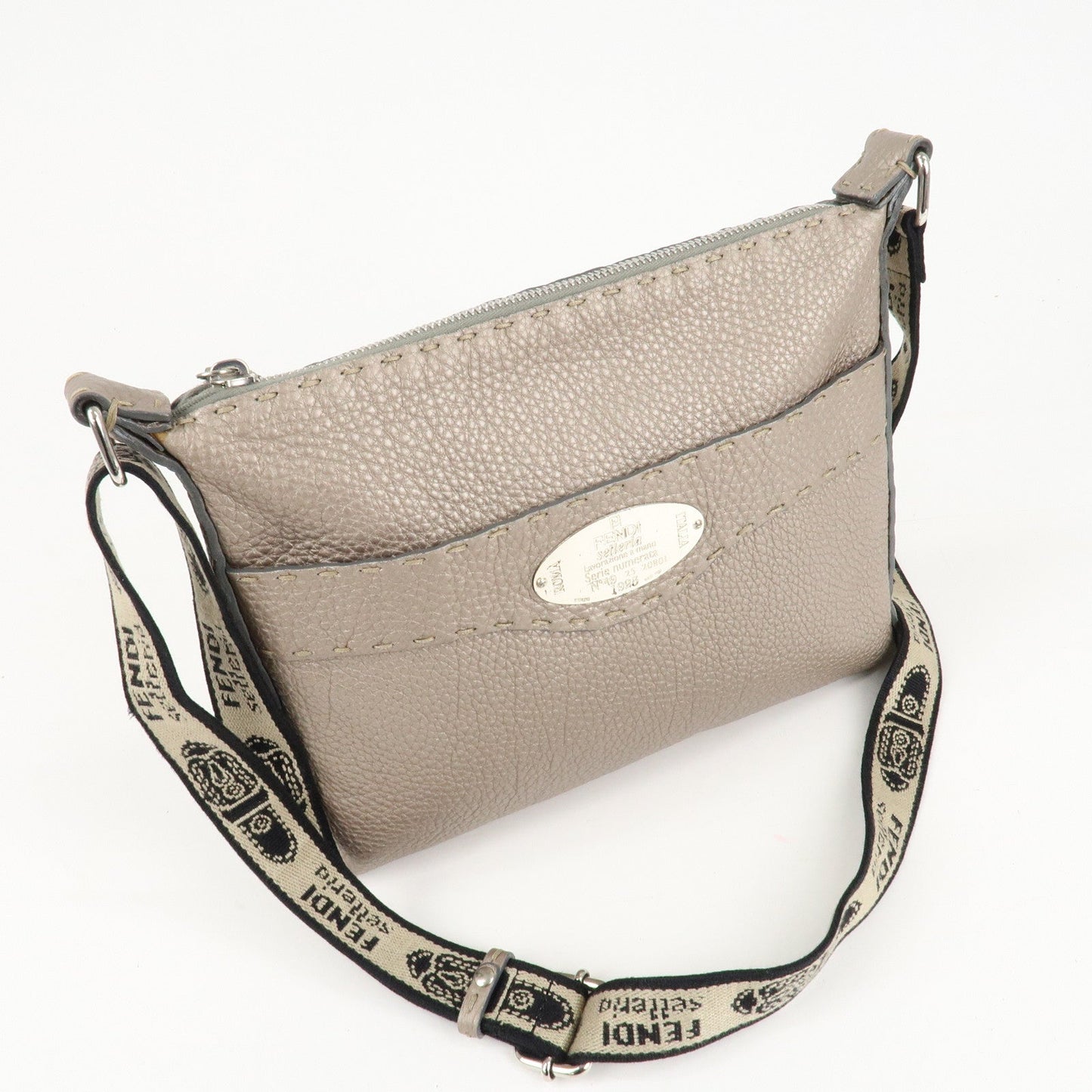 FENDI Selleria Leather Shoulder Bag Crossbody Bag Greige 8BT092  d