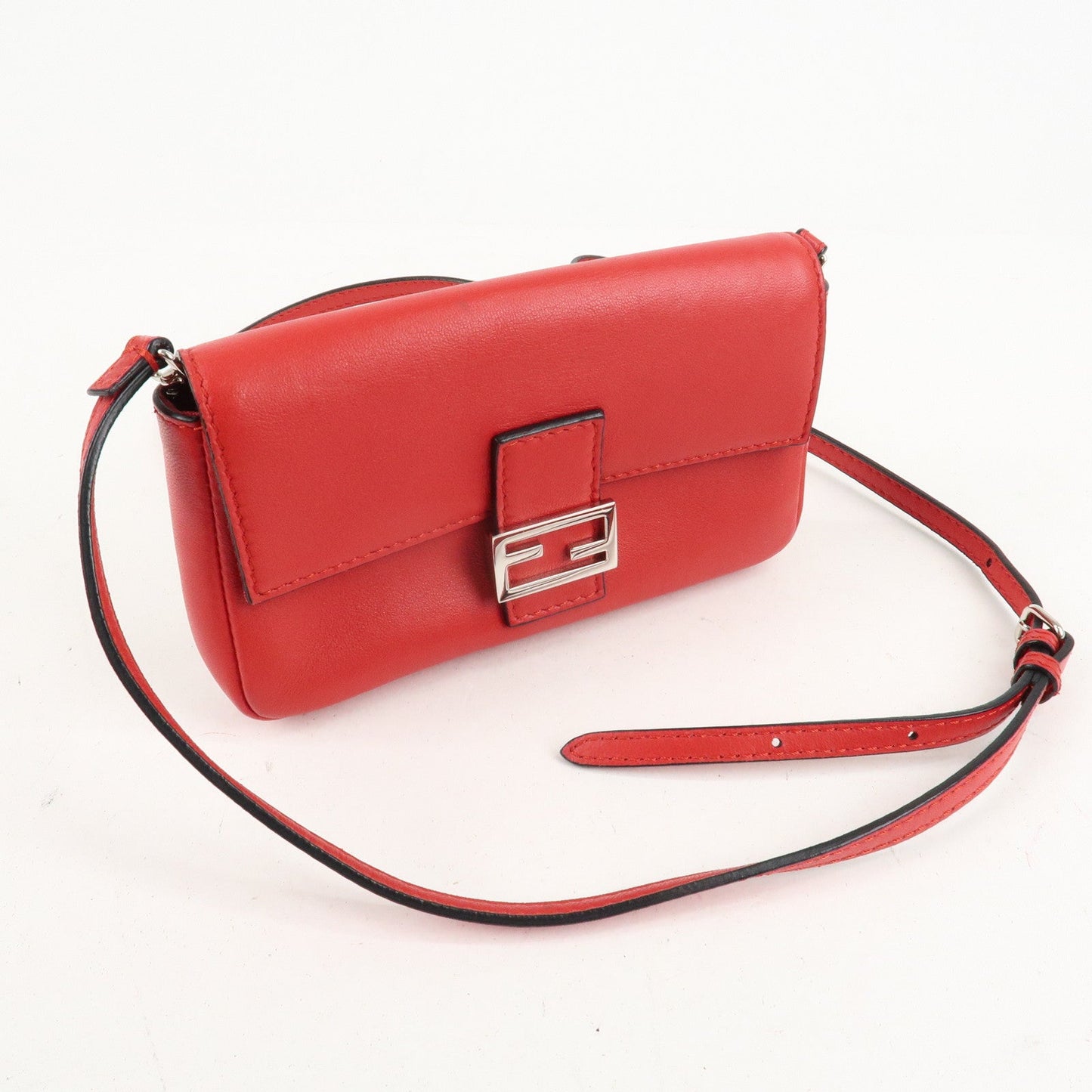 FENDI Micro Baguette Leather Shoulder Bag Red 8M0354  d