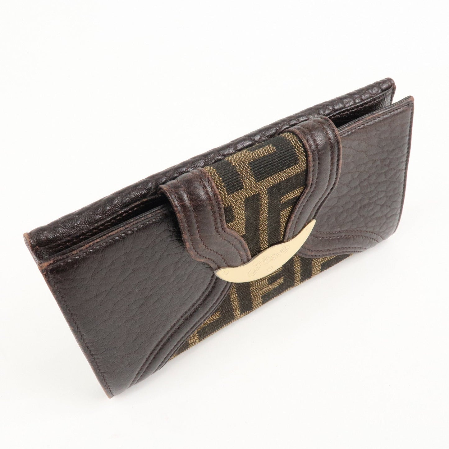 FENDI Zucca Canvas Leather W Hook Bifold Long Wallet 8N0032  d