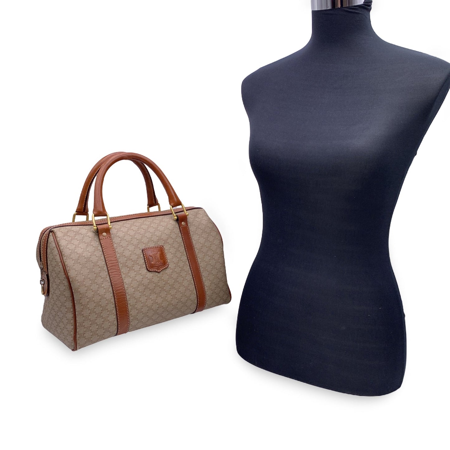 Luxury CELINE   Beige Macadam Canvas Duffel Duffle Boston Bag
