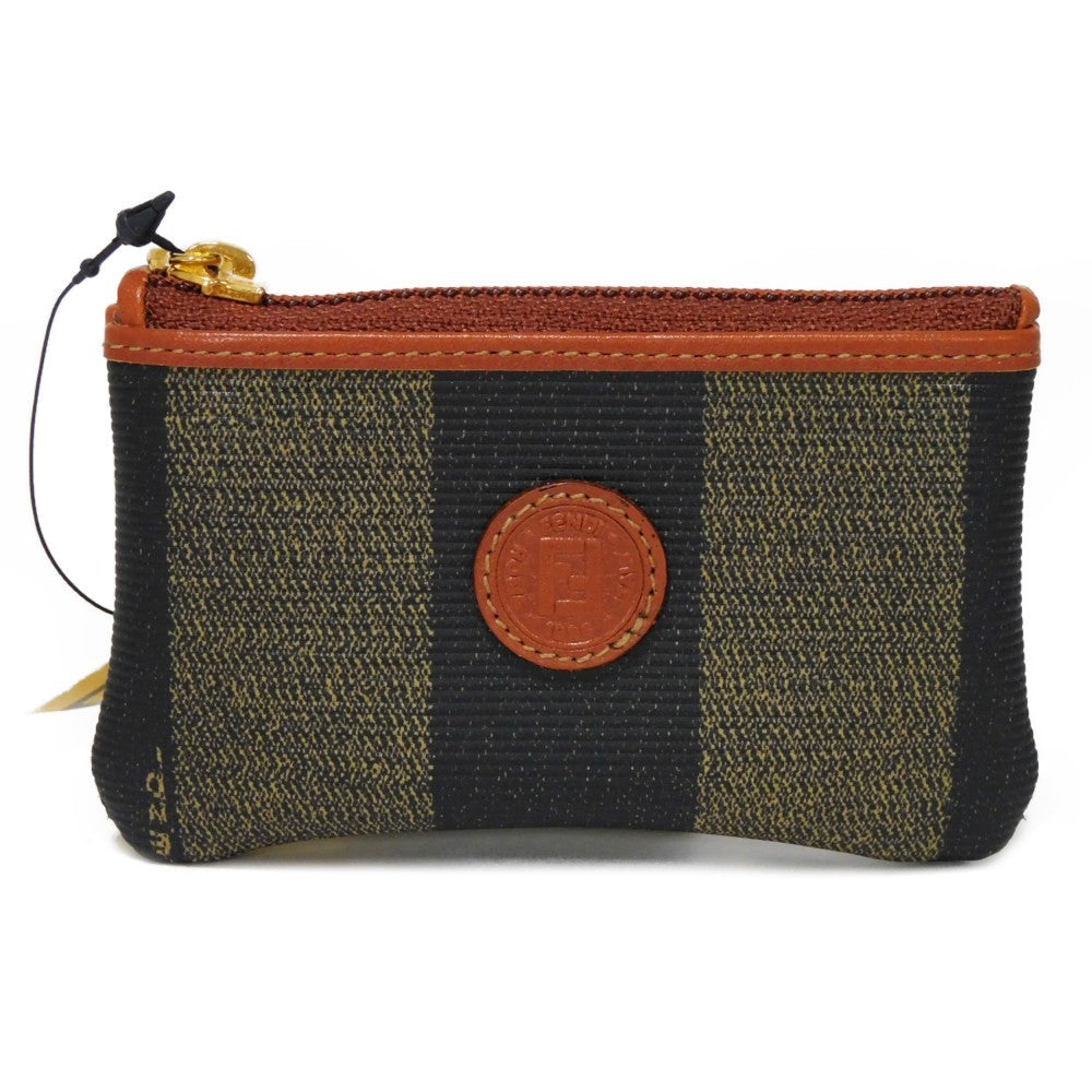 FENDI Coin case fabric Kaiqi Striped Brown Keyring   FF logo Old Pecan Coin Purse unisex(Unisex)