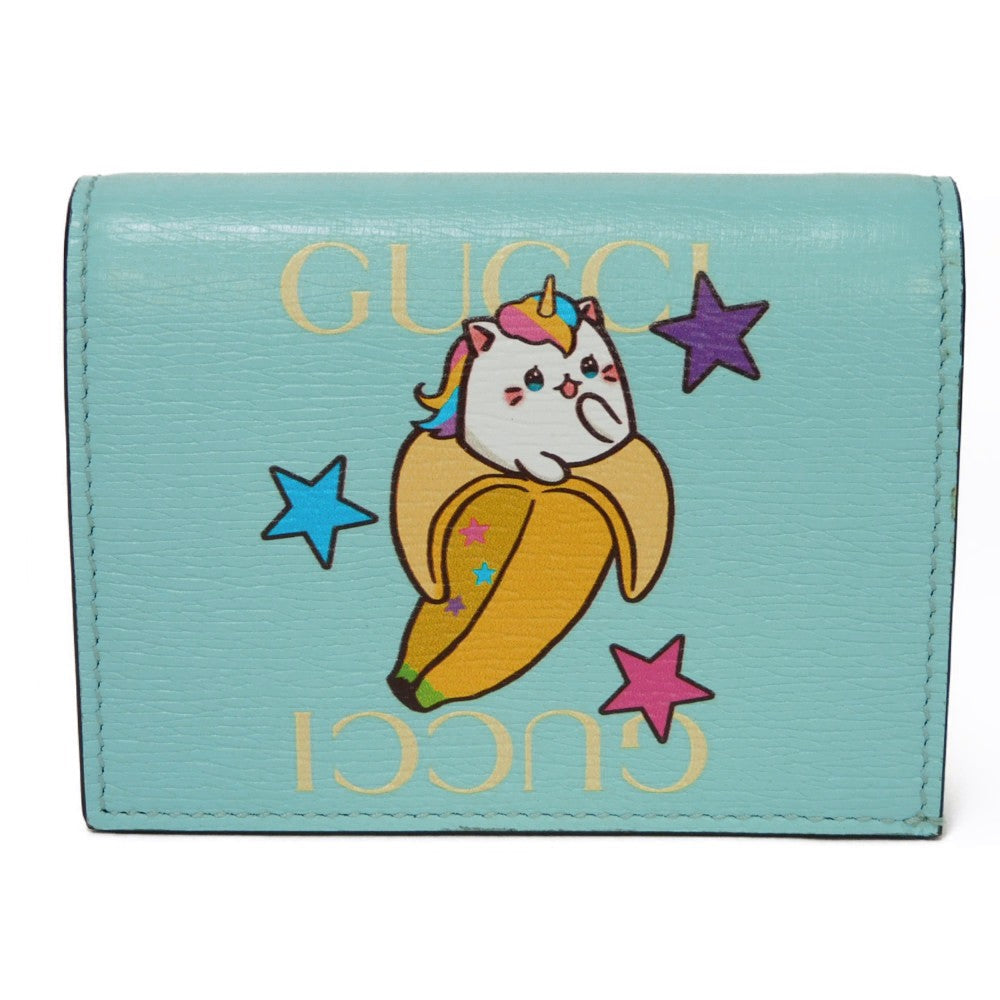 GUCCI Bifold Wallet 701009 Textured leather Pastel blue logo Bananya Compact Wallet Women