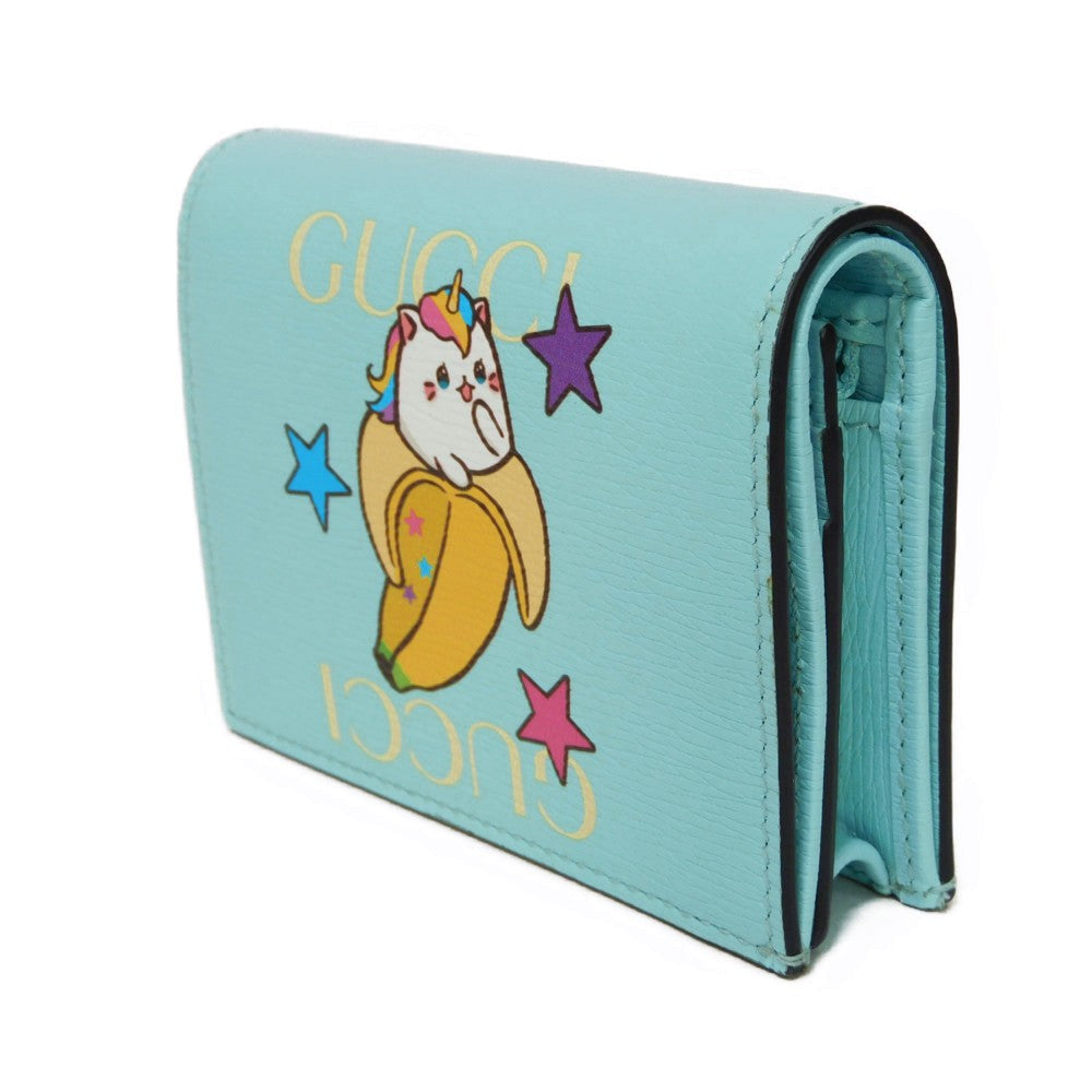 GUCCI Bifold Wallet 701009 Textured leather Pastel blue logo Bananya Compact Wallet Women