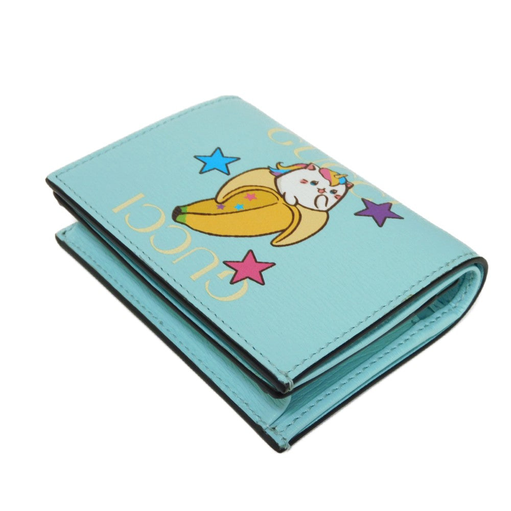 GUCCI Bifold Wallet 701009 Textured leather Pastel blue logo Bananya Compact Wallet Women