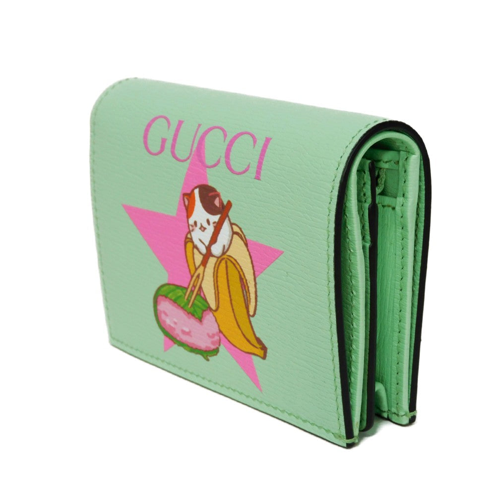 GUCCI Bifold Wallet 701009 U22AG 3067 Textured leather Mint green logo Bananya Compact Wallet Women
