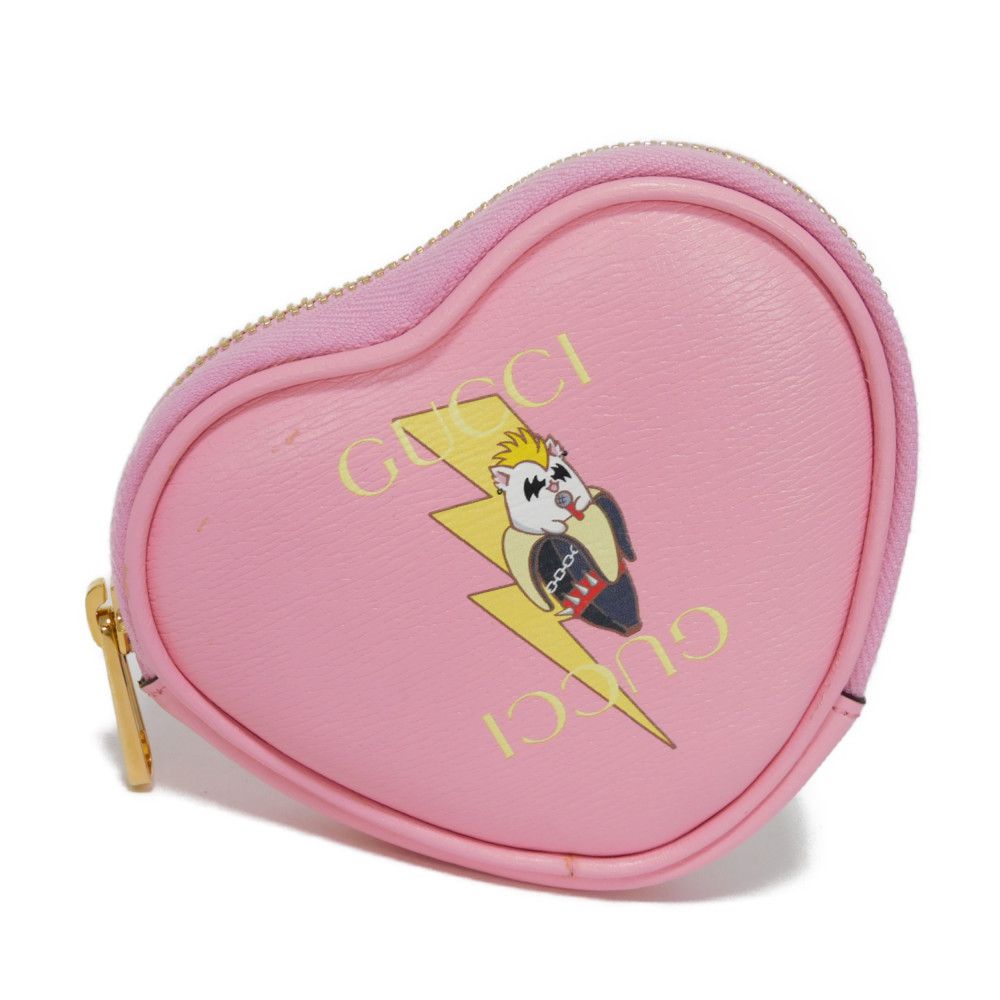 GUCCI Coin case 701062 U22AG 5964 Textured leather Light pink Banana Bolt Inazuma Un d logo Bananya Heart Shape Coin Case unisex(Unisex)