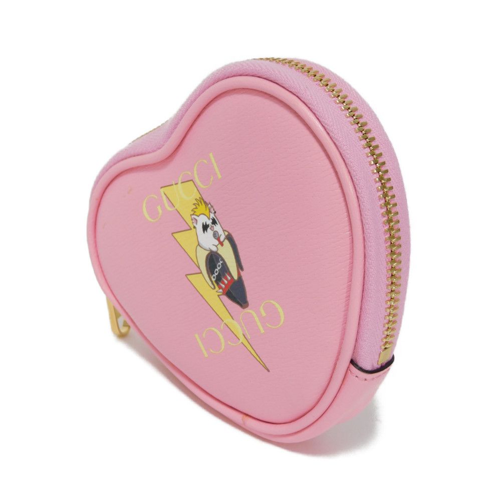 GUCCI Coin case 701062 U22AG 5964 Textured leather Light pink Banana Bolt Inazuma Un d logo Bananya Heart Shape Coin Case unisex(Unisex)