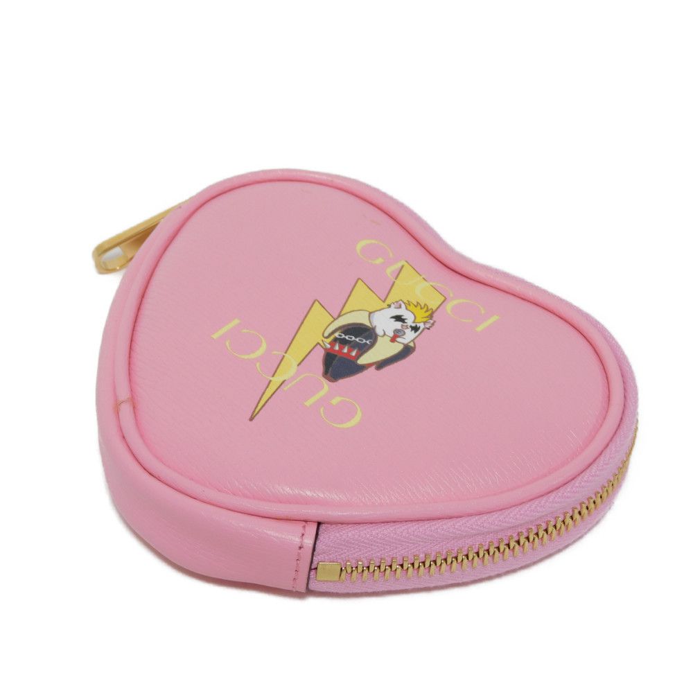 GUCCI Coin case 701062 U22AG 5964 Textured leather Light pink Banana Bolt Inazuma Un d logo Bananya Heart Shape Coin Case unisex(Unisex)